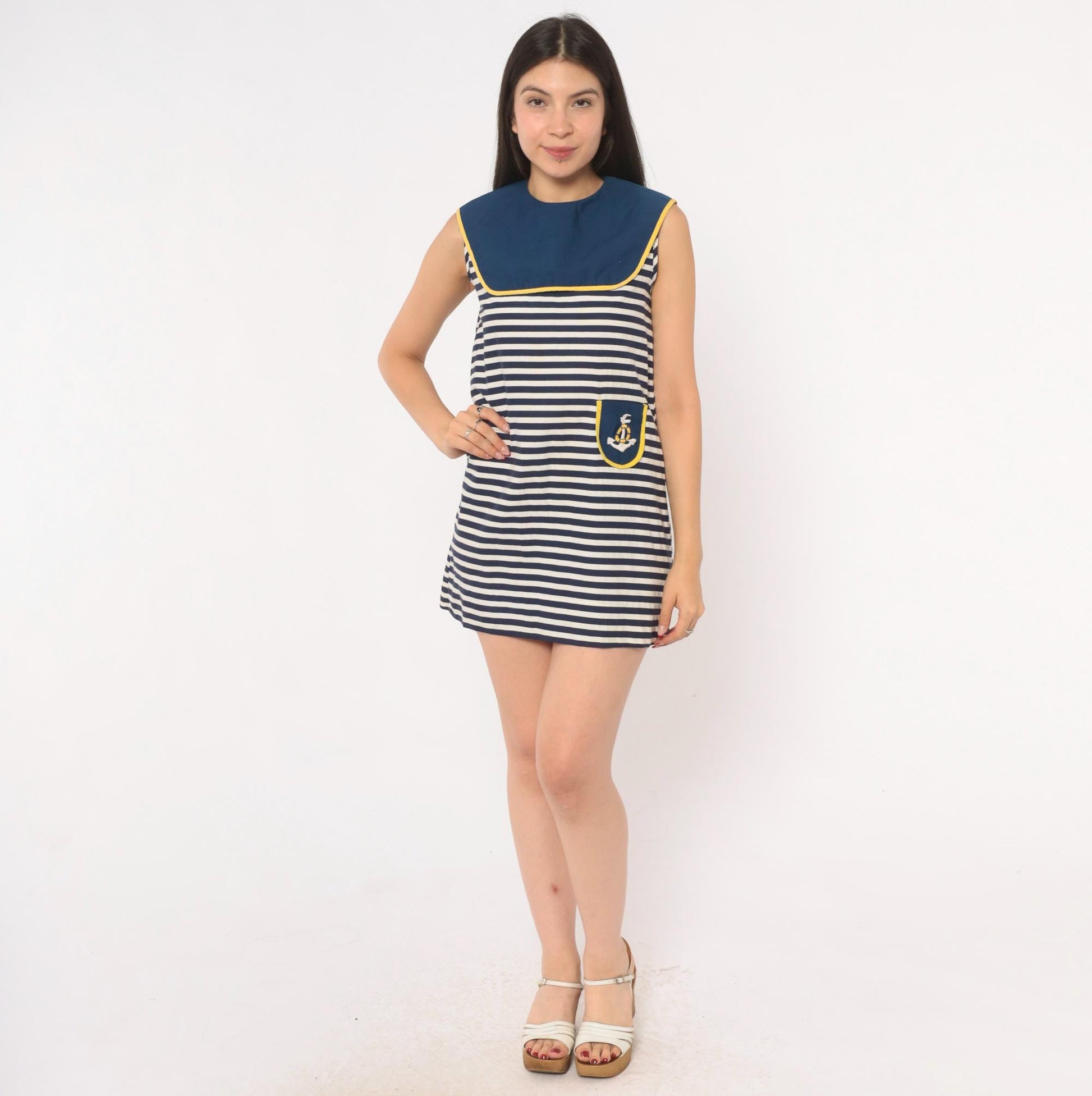 60s Nautical Mini Sailor Dress Navy White Striped Cotton Anchor Embroidered XS