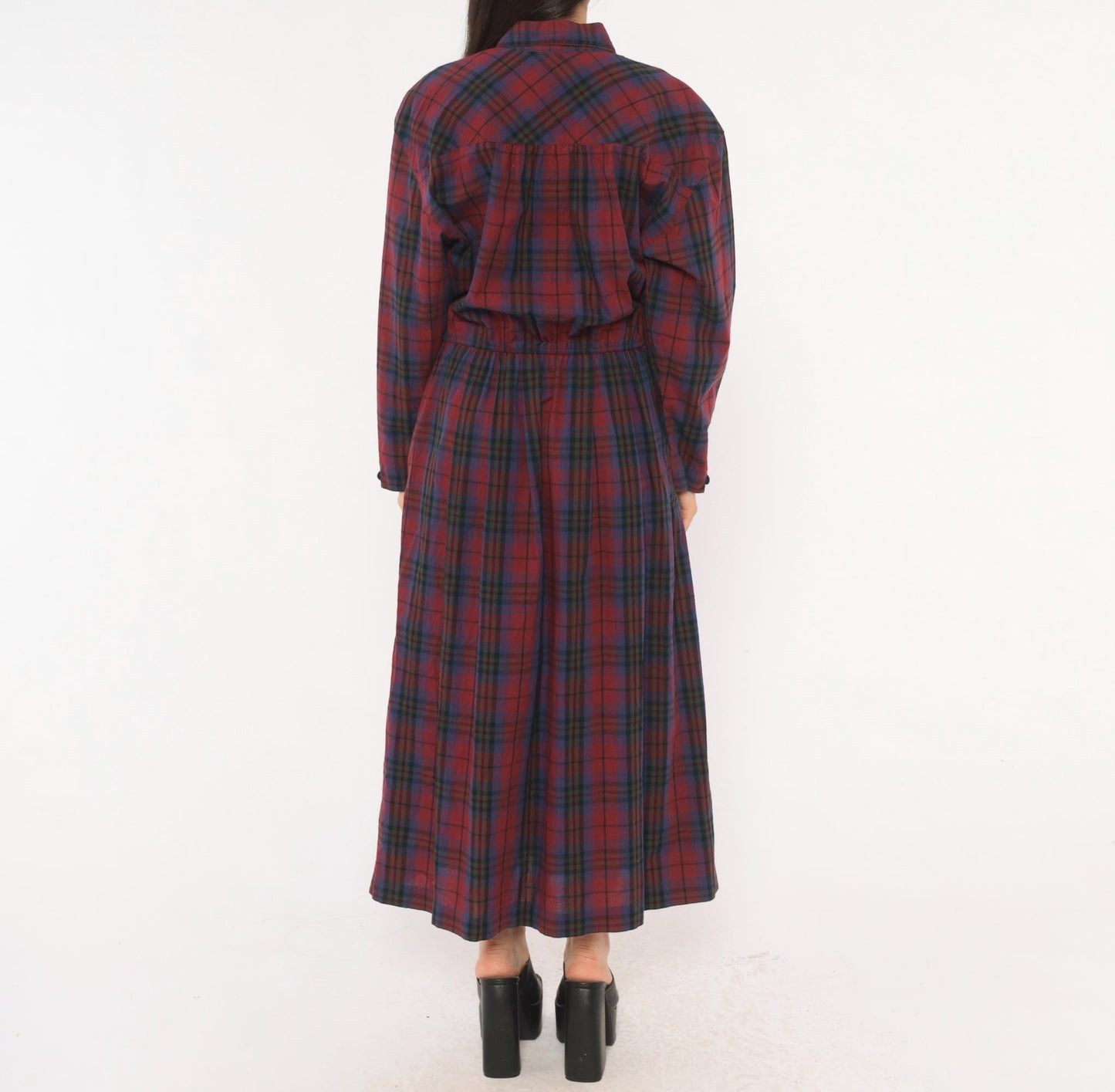 80s Dépèche Mode Plaid Maxi Dress Burgundy Navy Cotton Shirt Collar Medium