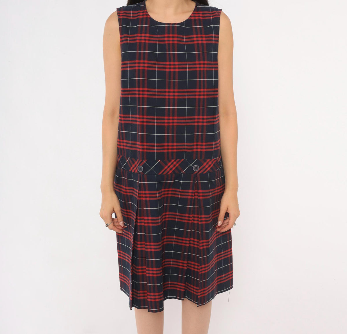 80s Fontaine Apparel Navy Red Tartan Plaid Drop Waist Dress Cotton Medium M