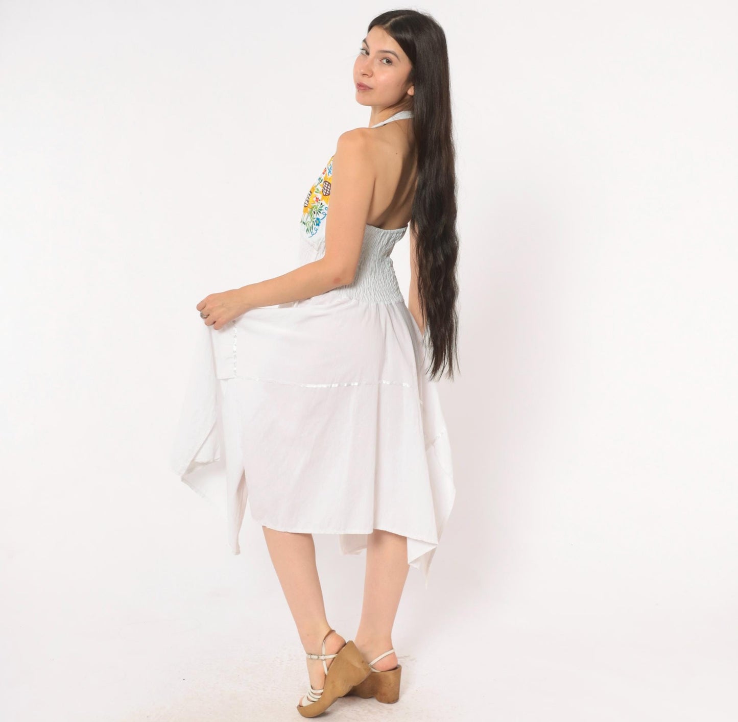 90s White Sunflower Embroidered Halter Dress Cotton Handkerchief Hem Medium