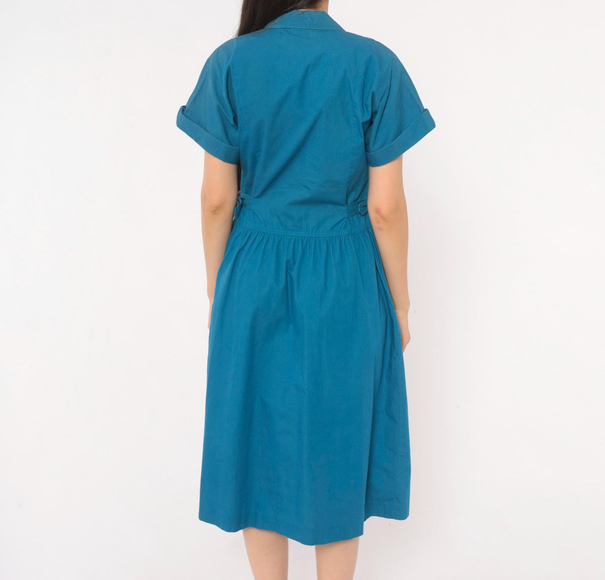 80s Sasson Teal Cotton Midi Shirtdress Gathered Waist Belt Extra Small XS