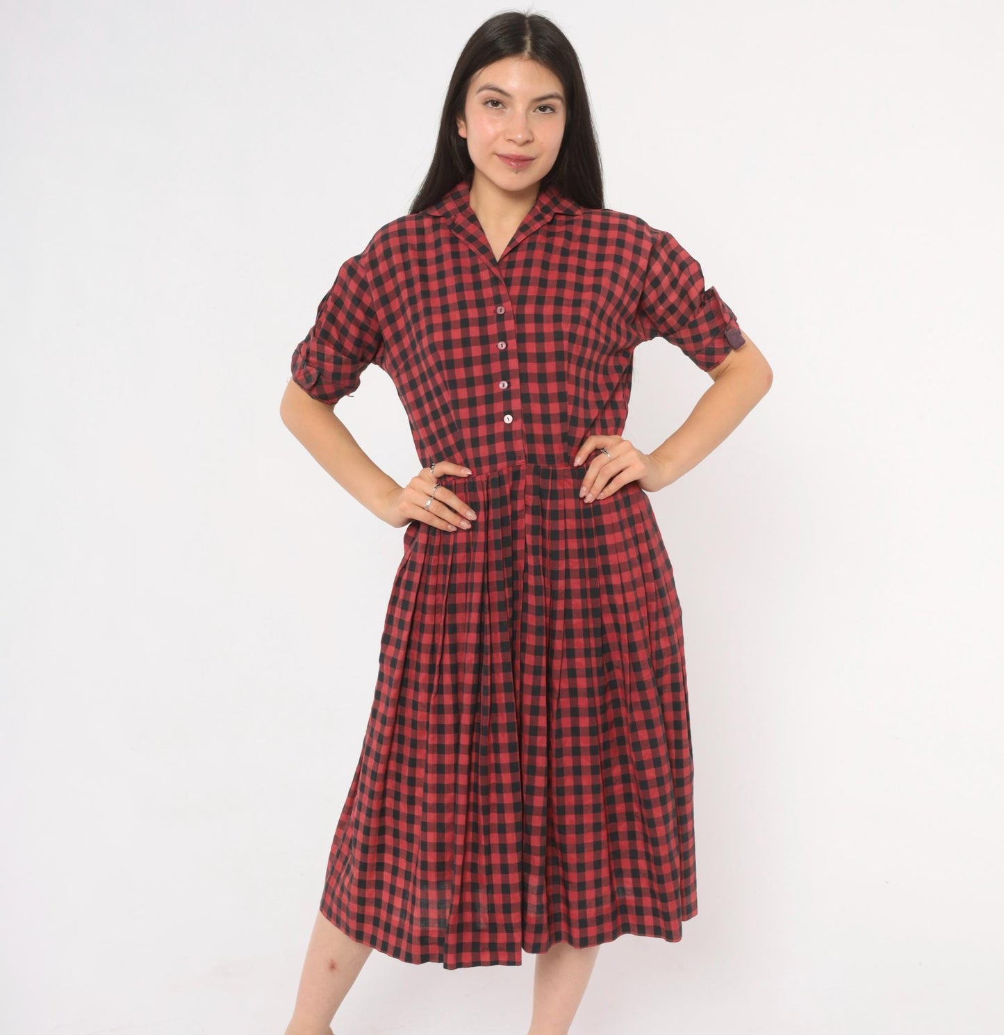 60s Meg Marlowe Buffalo Check Shirtdress Burgundy Black Plaid Cotton Small