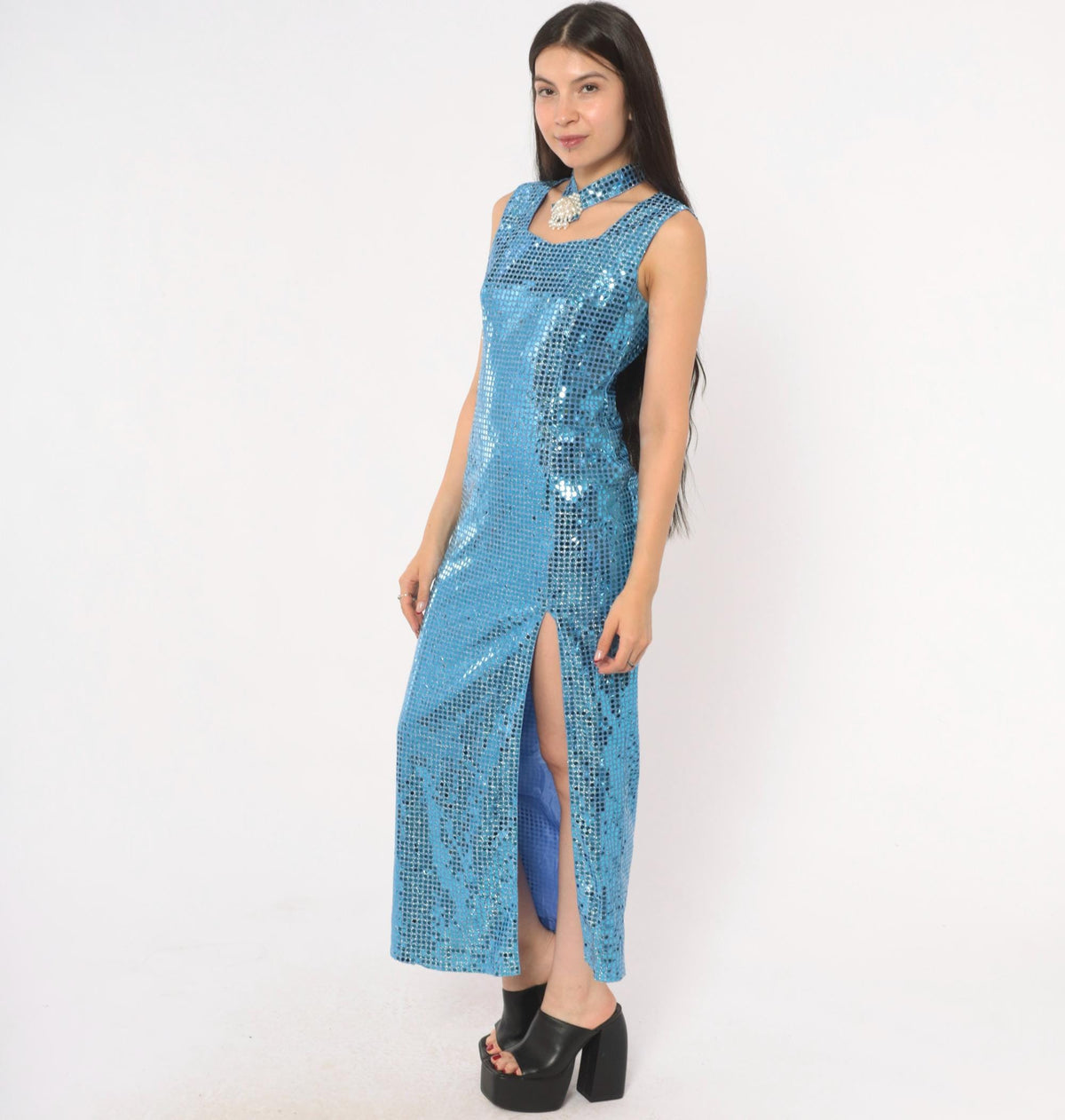 80s Ice Blue Sequin Maxi Dress Choker Neck Keyhole Sleeveless Small