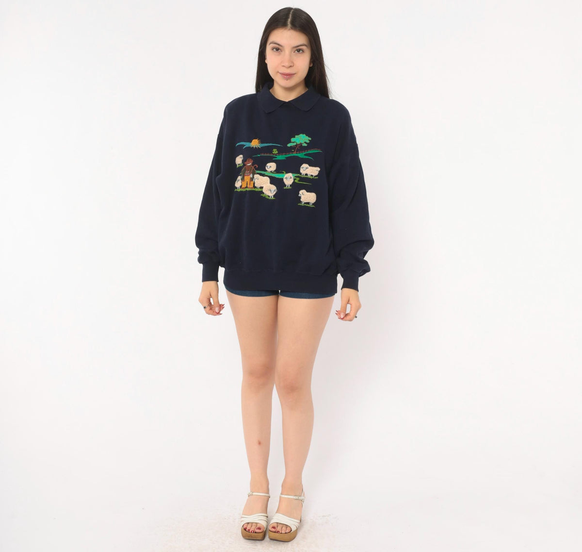 80s Tulchan Navy Collared Sweatshirt Embroidered Sheep Pastoral Scene Large L