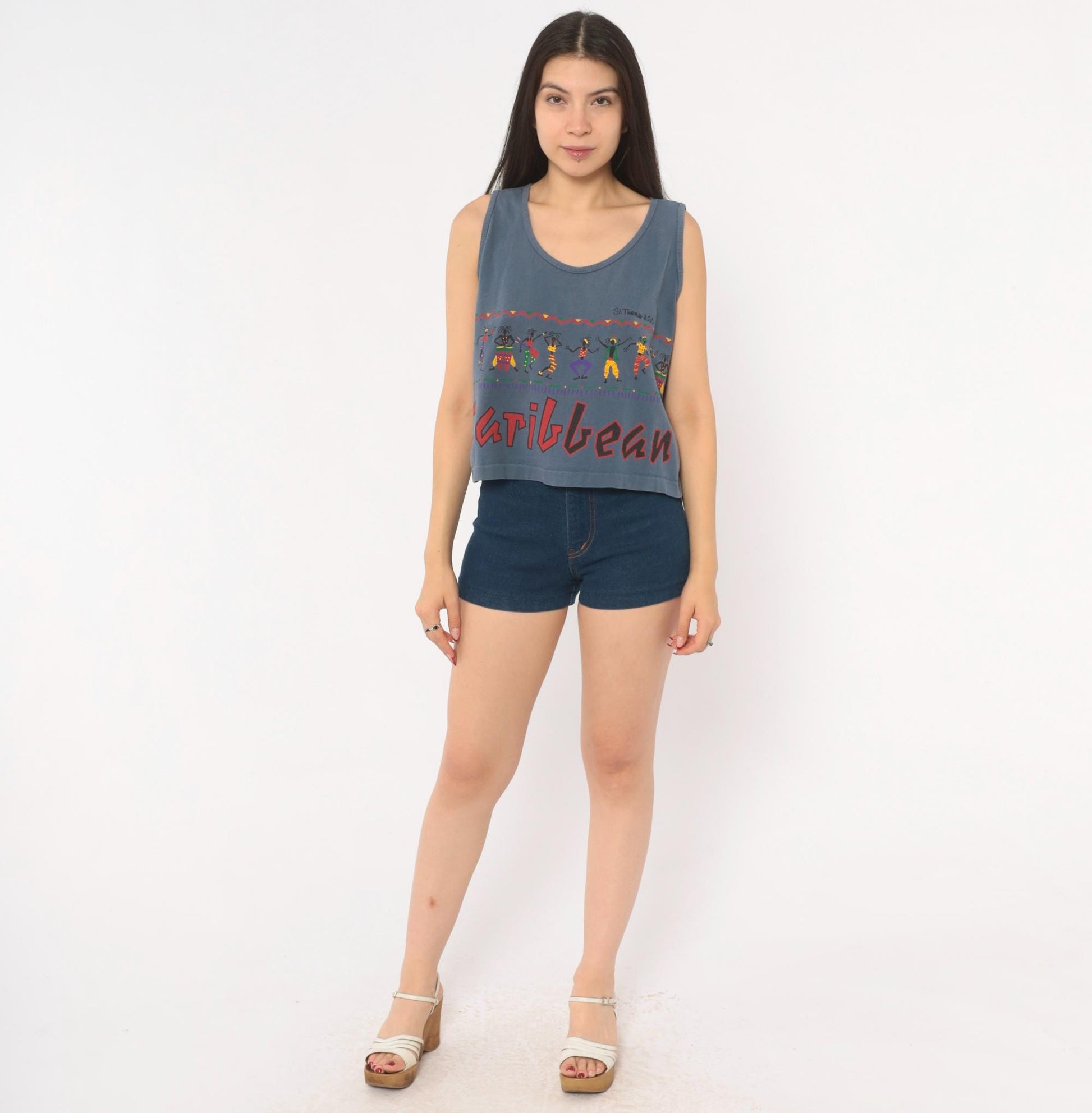 90s Alore Caribbean Dancer Crop Tank St Thomas Blue Cotton Medium