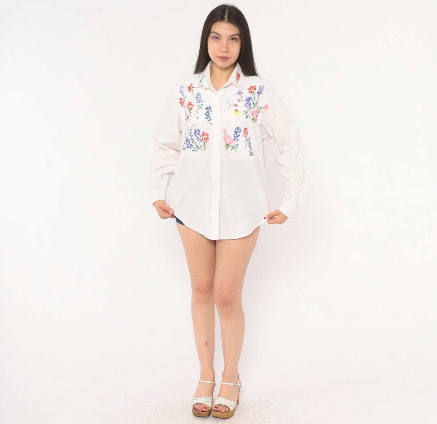 90s Ol' Paint Hand-Painted Wildflower Hummingbird White Cotton Button-Up Medium