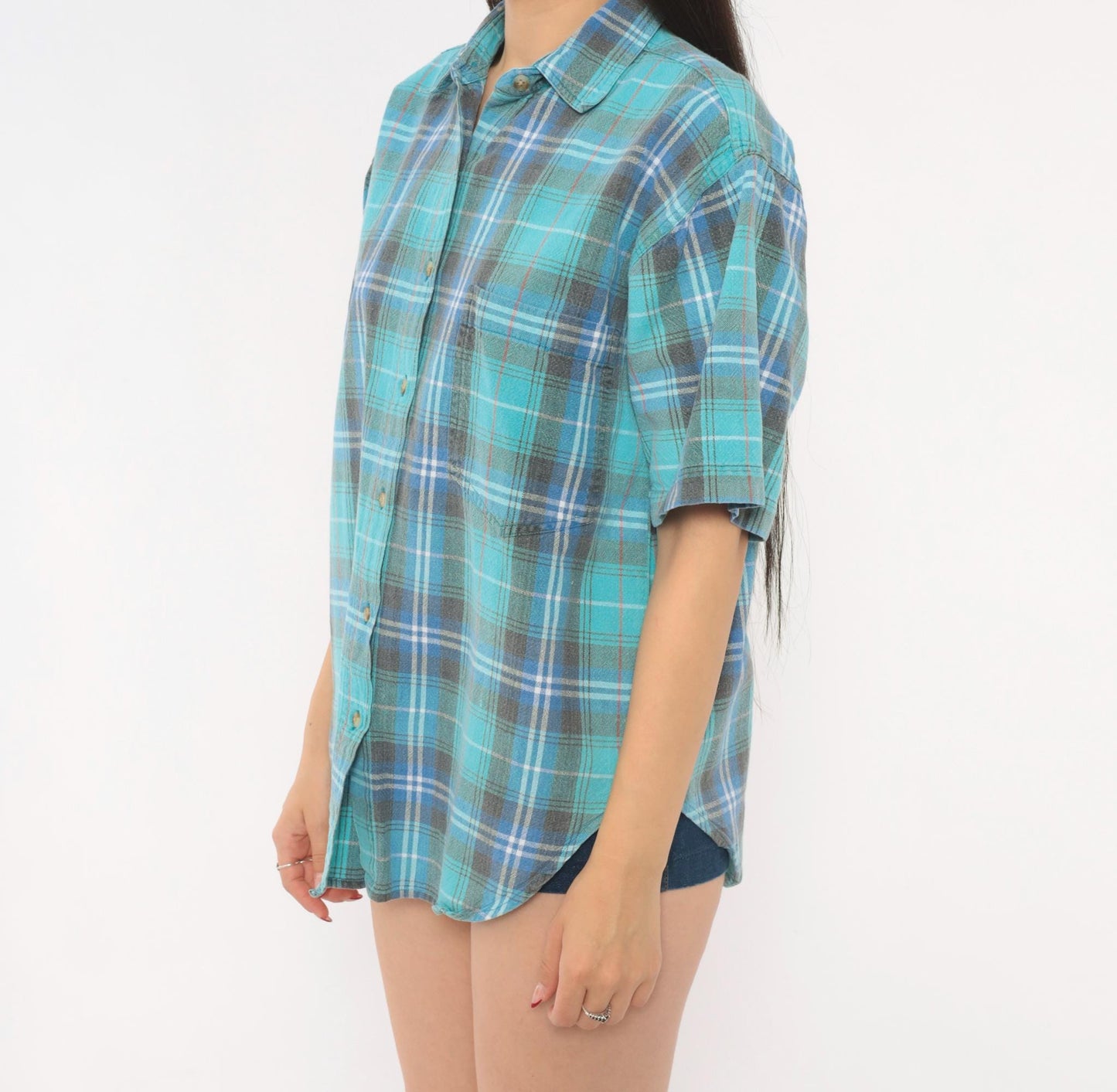 90s Quizz Plaid Flannel Shirt Teal Blue Grey Cotton Button-Up Medium