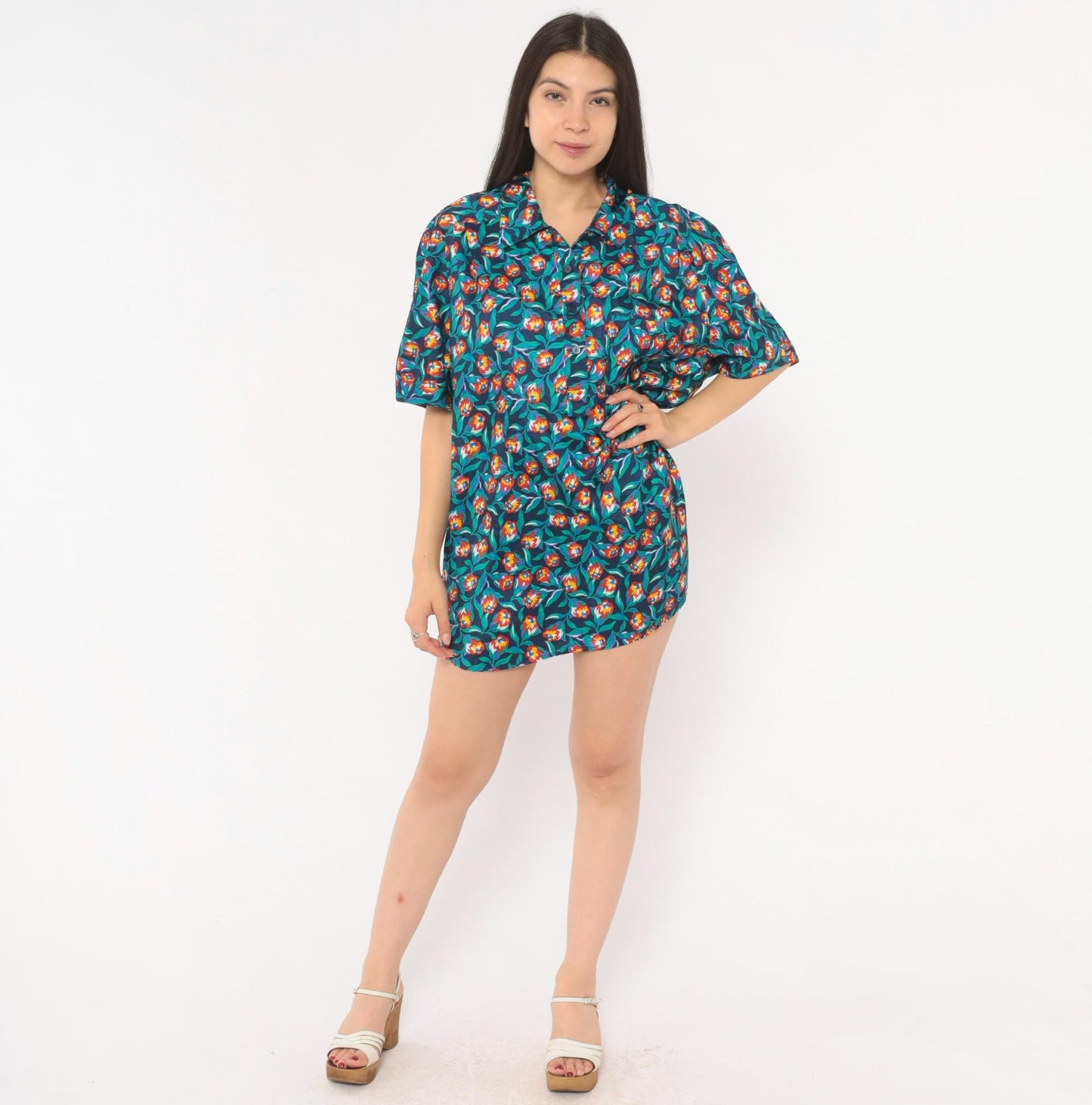 80s Josephine Floral Print Shirt Navy Tulip Blouse Collared Large L