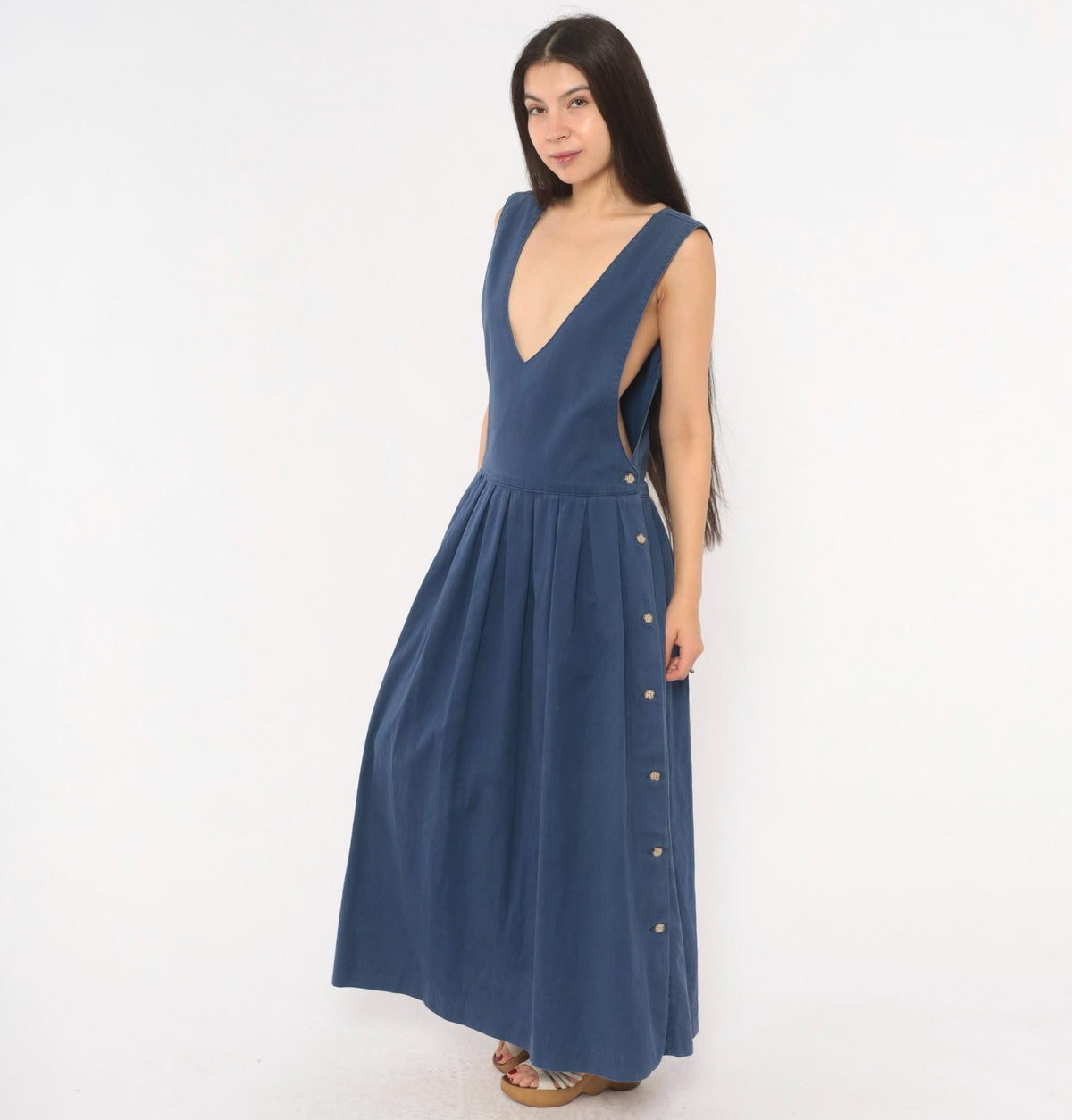 80s Fenwick Navy Cotton Jumper Dress Deep V Maxi Pleated Medium M