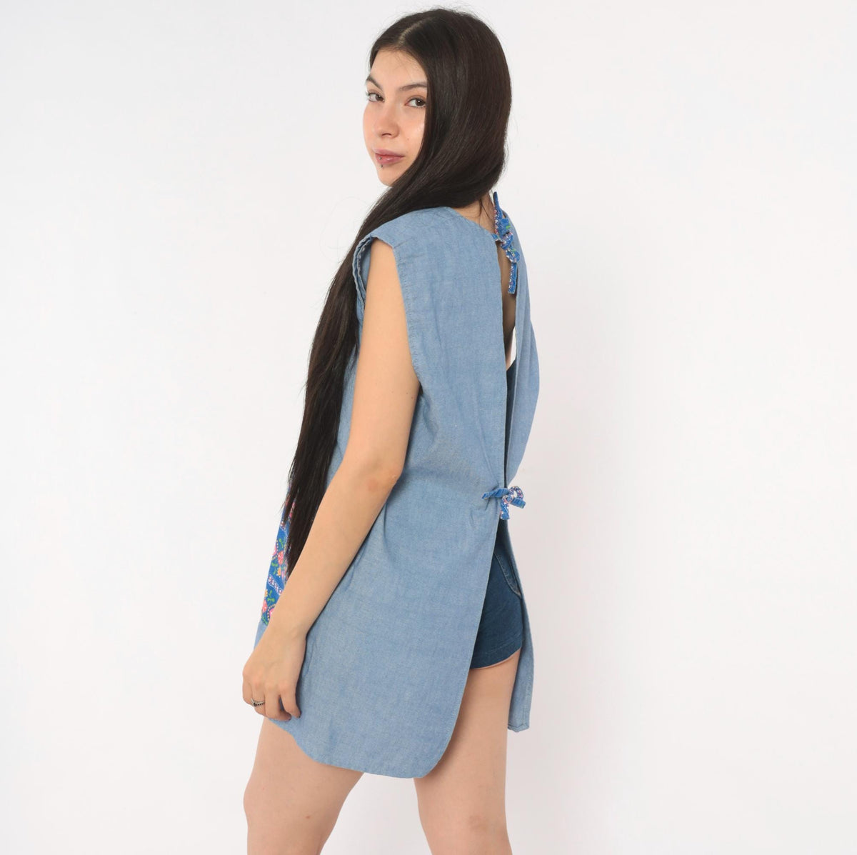70s Light Blue Chambray Tunic Apron Dress Floral Print Open Back Small