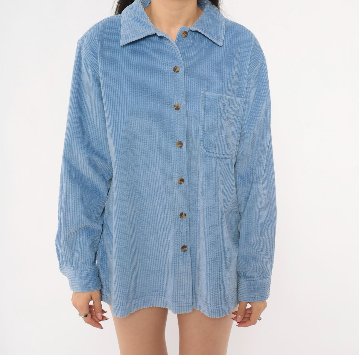 90s L.L.Bean Corduroy Button-Front Shirt Sky Blue Cotton Medium M