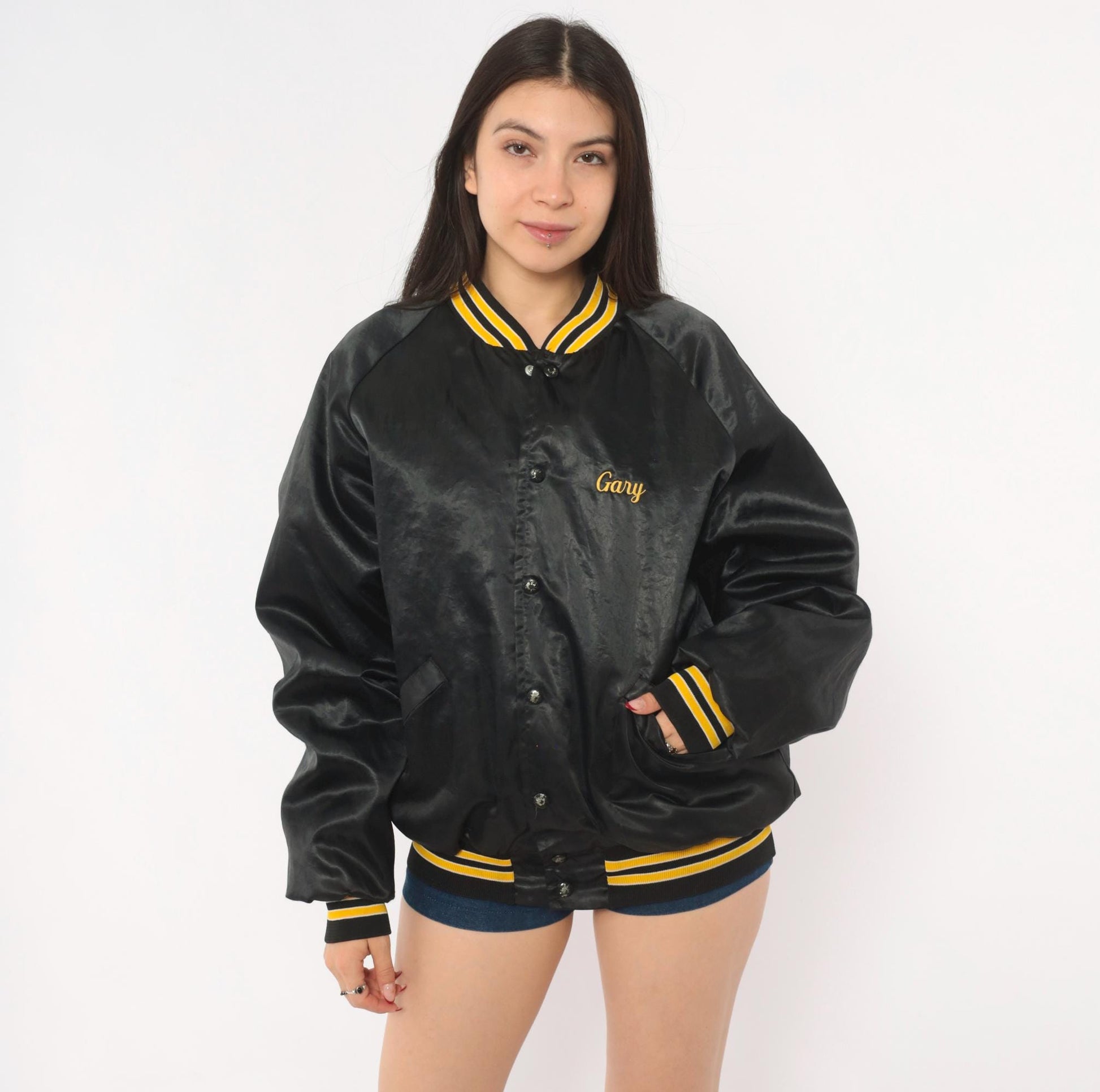 80s King Louie Pro Fit Wyoming Welding Satin Bomber Jacket Black Gold Large L