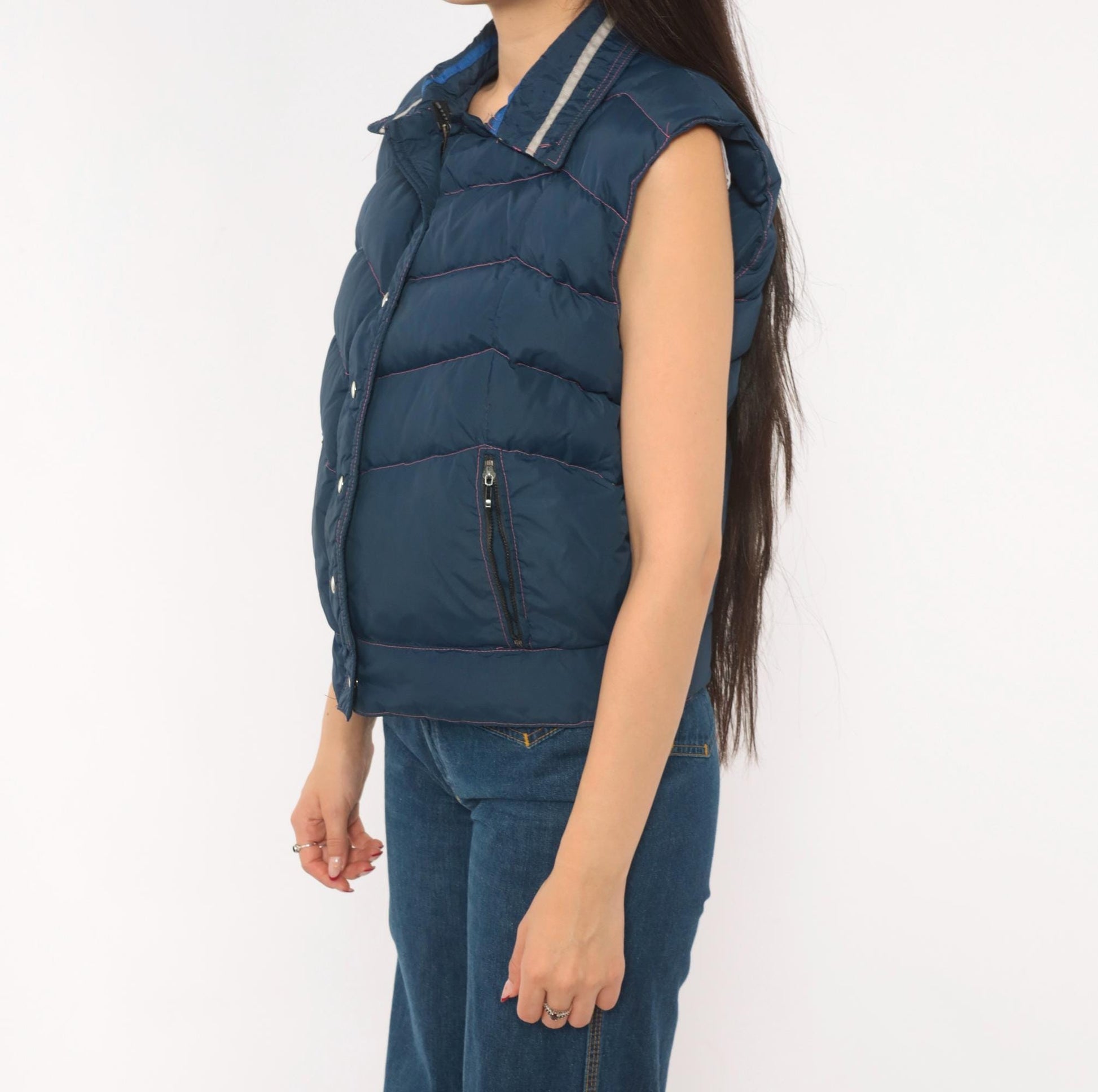 80s Frostline Kit Navy Puffer Vest Chevron Quilted Snap Front Small