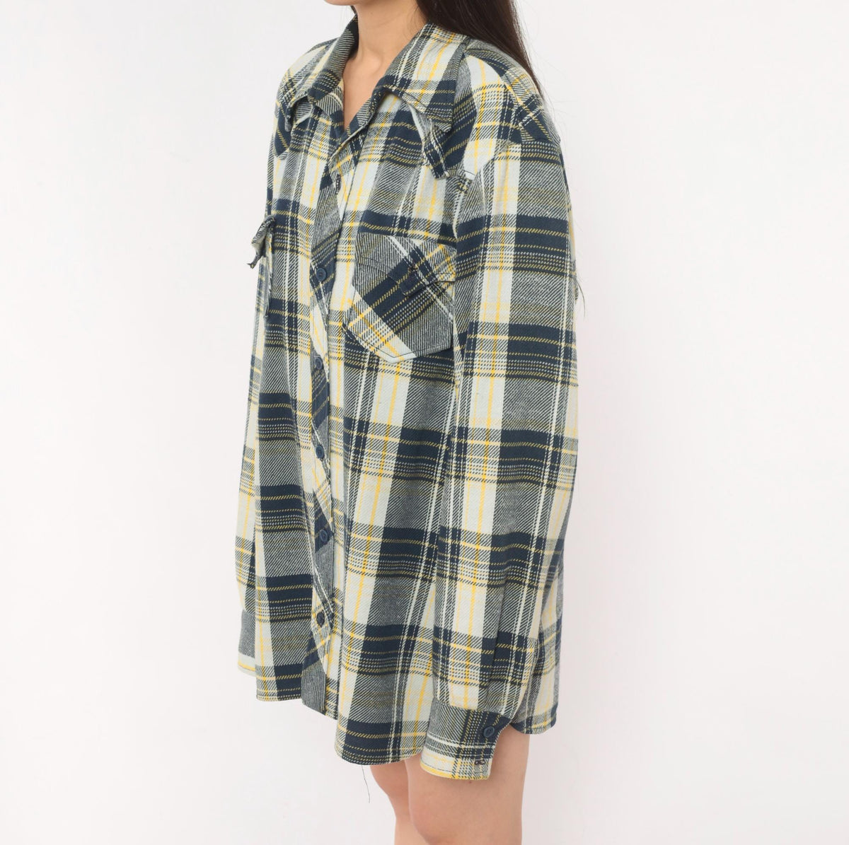 80s Navy Yellow Plaid Flannel Shirt Cotton Button Front Extra Large