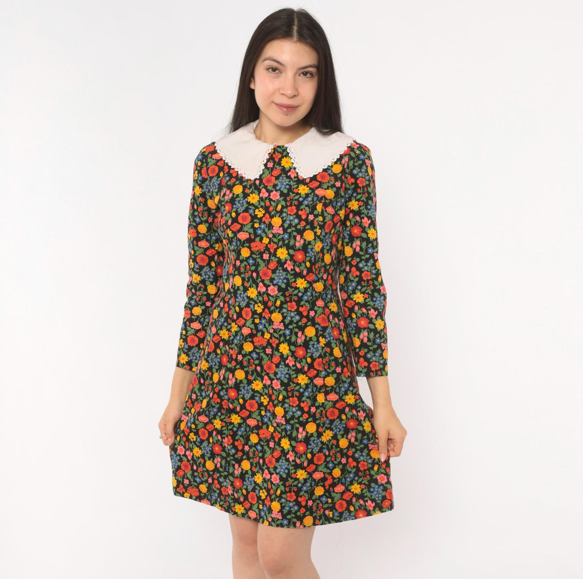 60s Black Floral Peter Pan Collar Shift Dress Wildflower Print Small