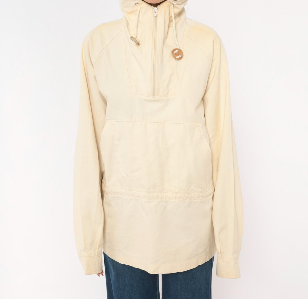 80s Woolrich Cream Cotton Anorak Half-Zip Hooded Pullover Jacket Medium