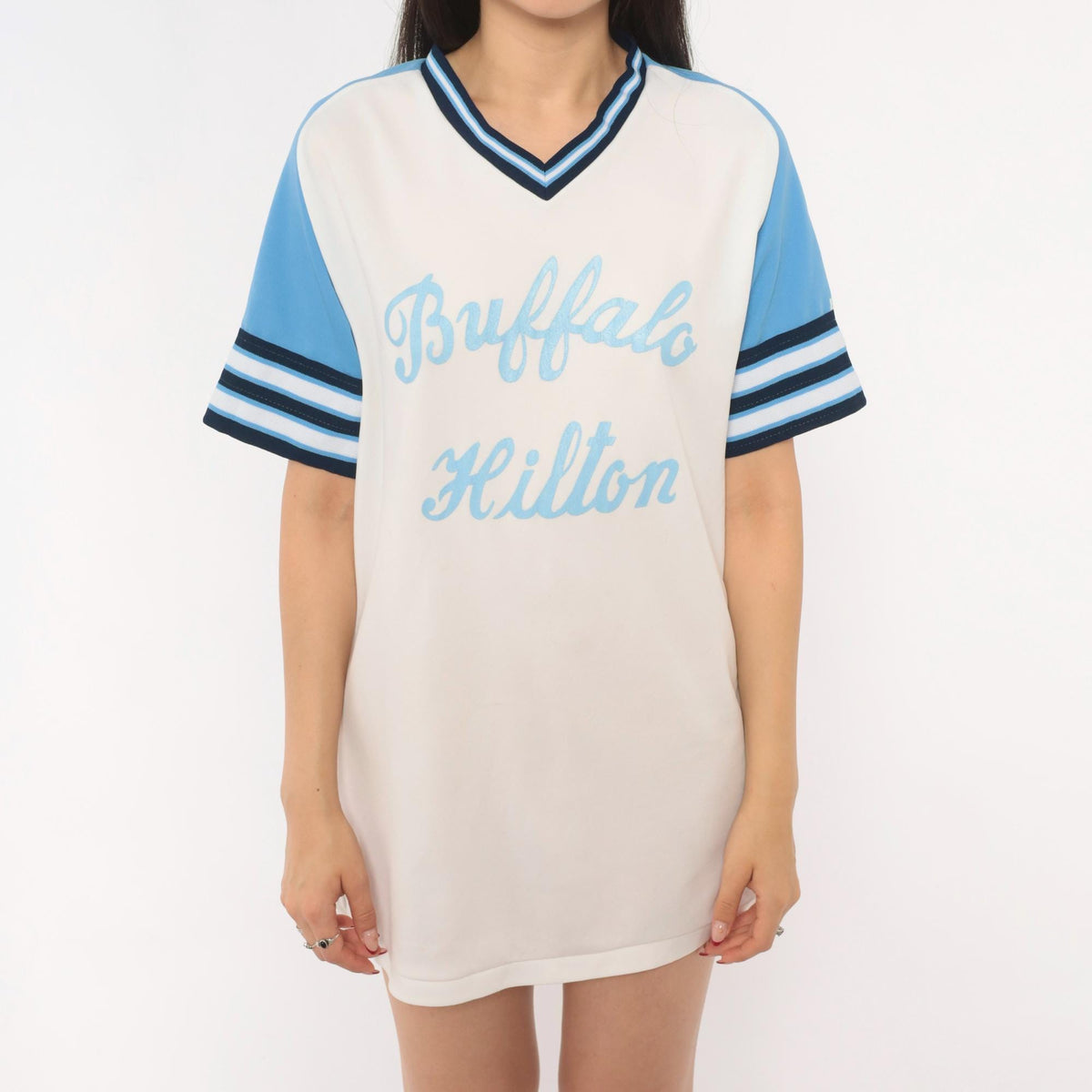 80s Bike Baseball Jersey White Sky Blue Raglan Striped V-Neck Medium