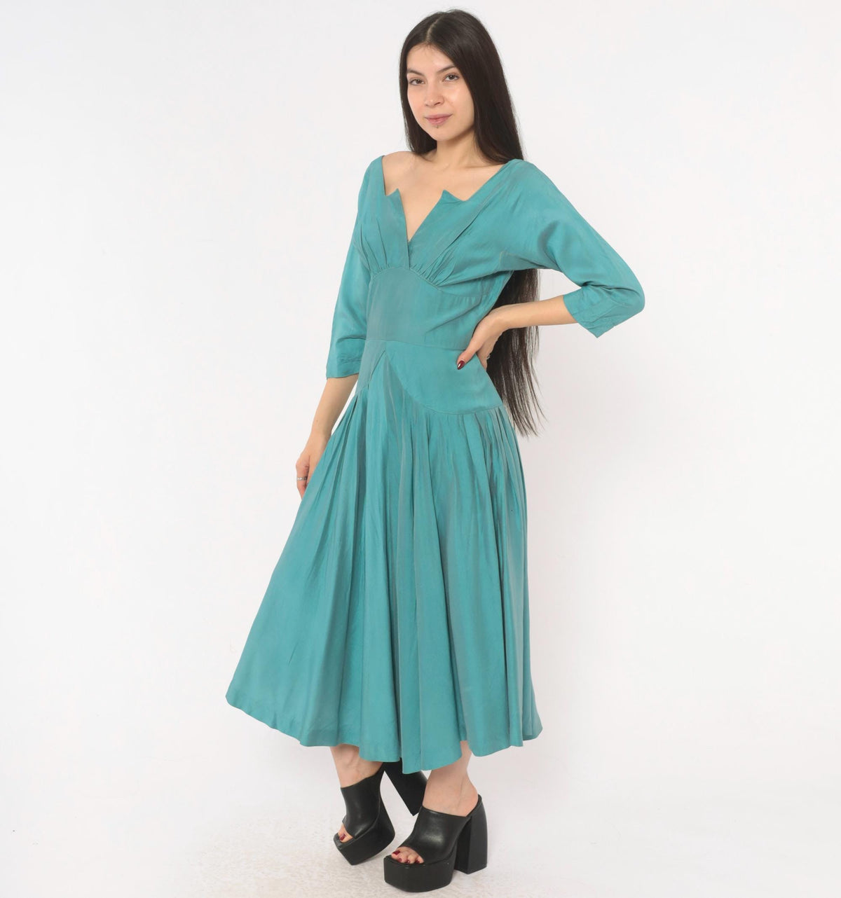 1940s Teal Dress V-Neck Three Quarter Sleeve Drop Waist Midi Small S