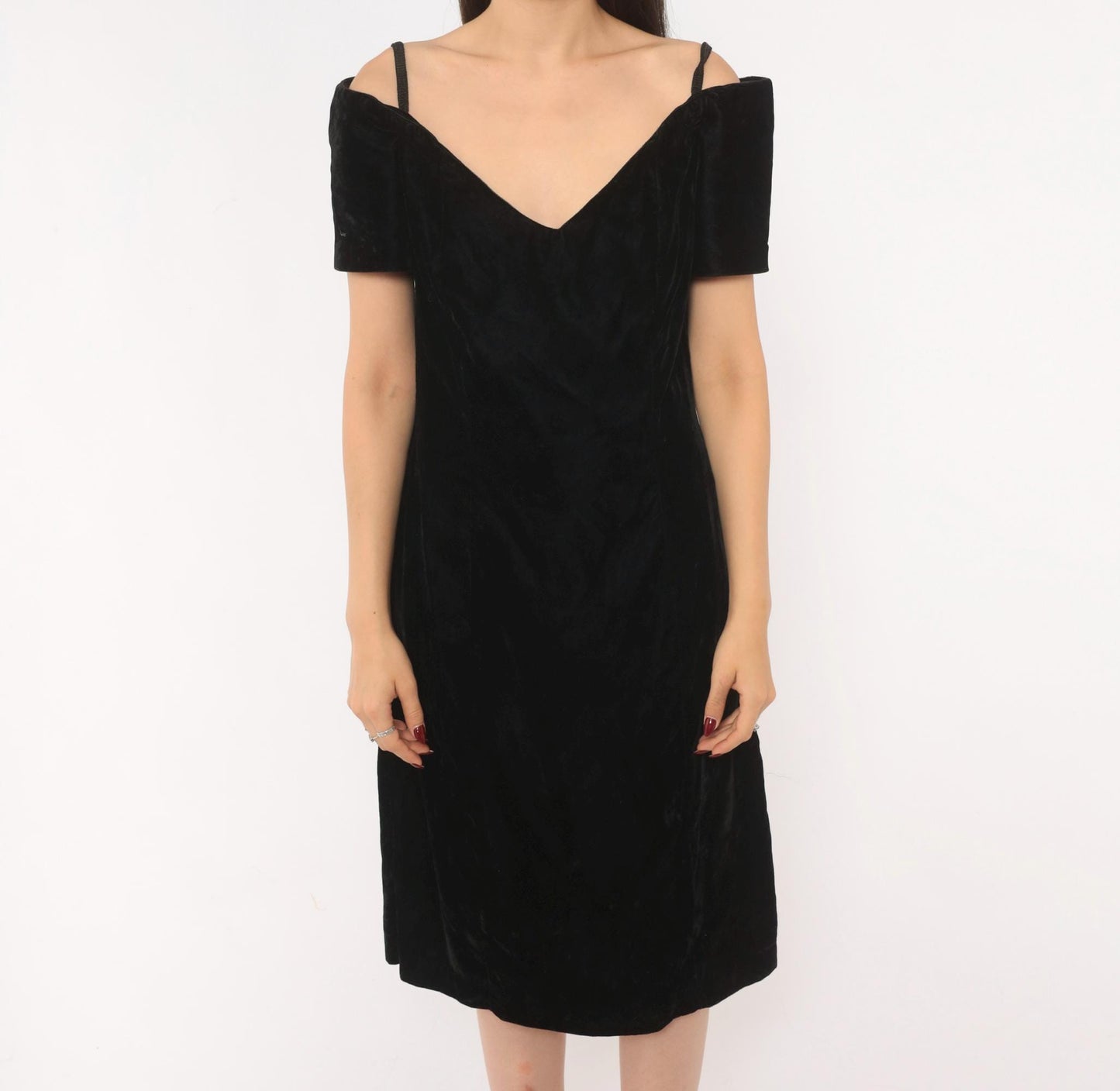 90s Black Velvet Off-Shoulder Dress V-Neck Spaghetti Strap Knee Length Medium M