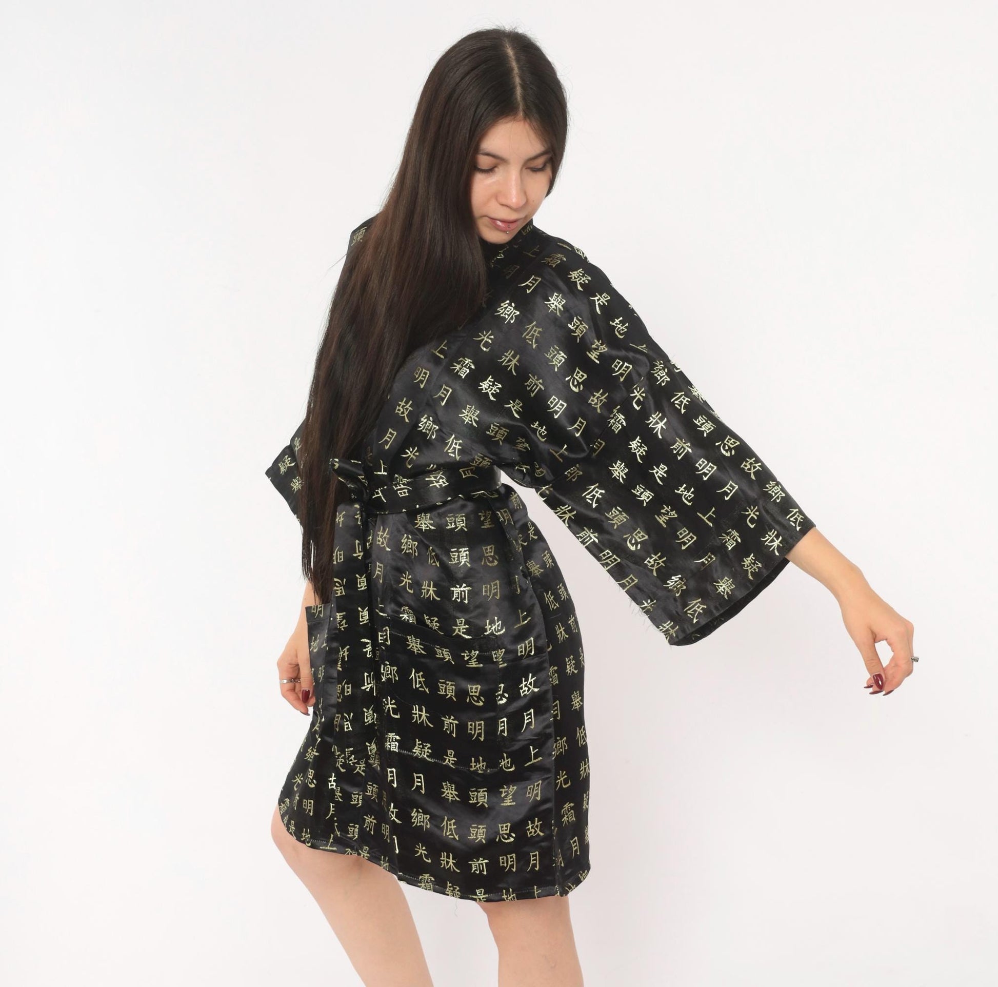 90s Chinese Calligraphy Kimono Robe Black Gold Wrap Tie Front Extra Large