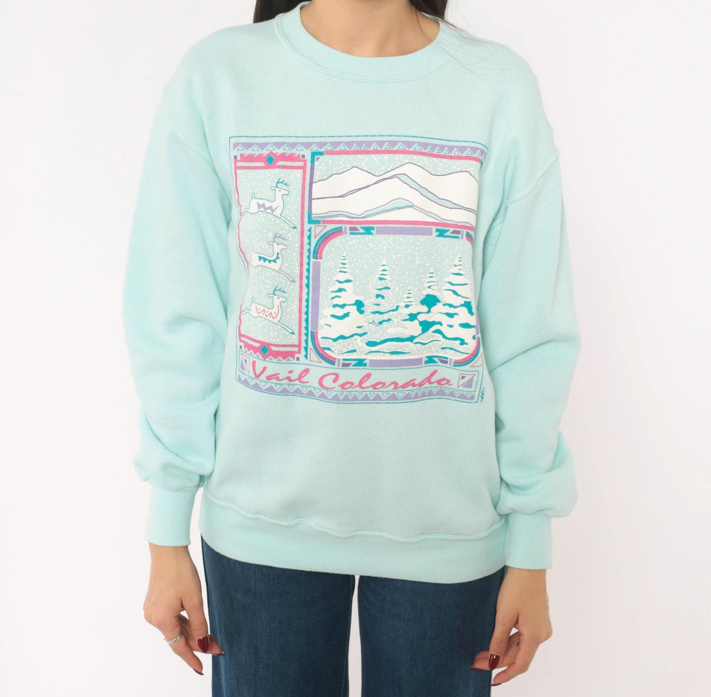 90s Jerzees Vail Colorado Ski Resort Sweatshirt Mint Green Mountain Graphic Medium