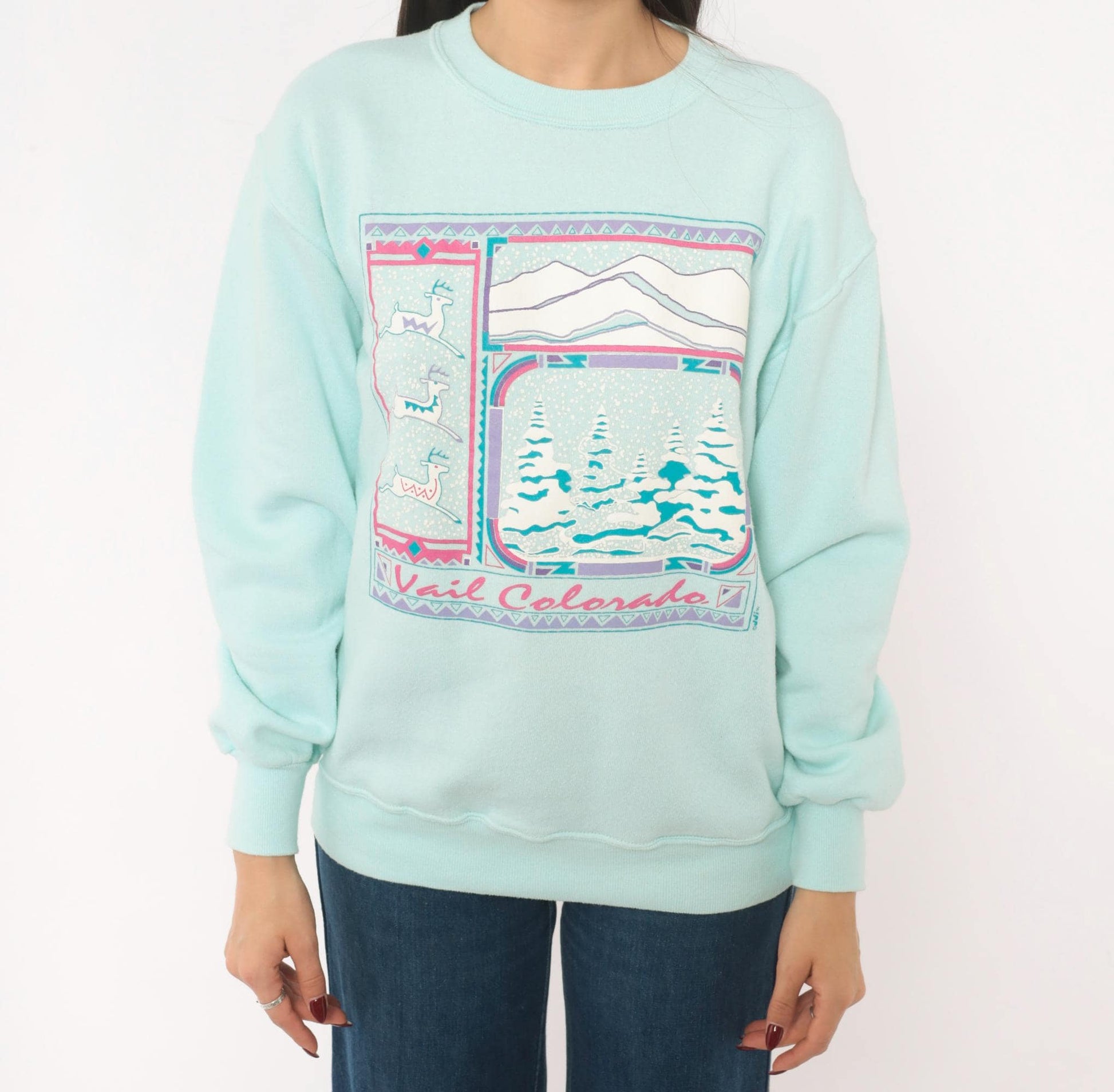 90s Jerzees Vail Colorado Ski Resort Sweatshirt Mint Green Mountain Graphic Medium