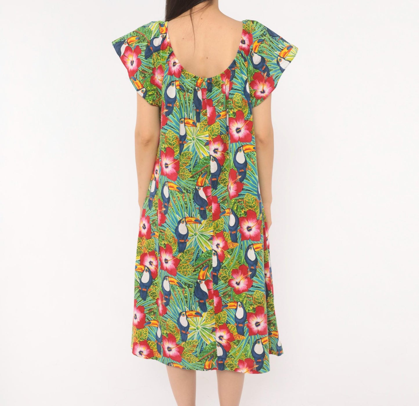 80s Seawind Toucan Hibiscus Midi Dress Flutter Sleeve Cotton Tropical Extra Large