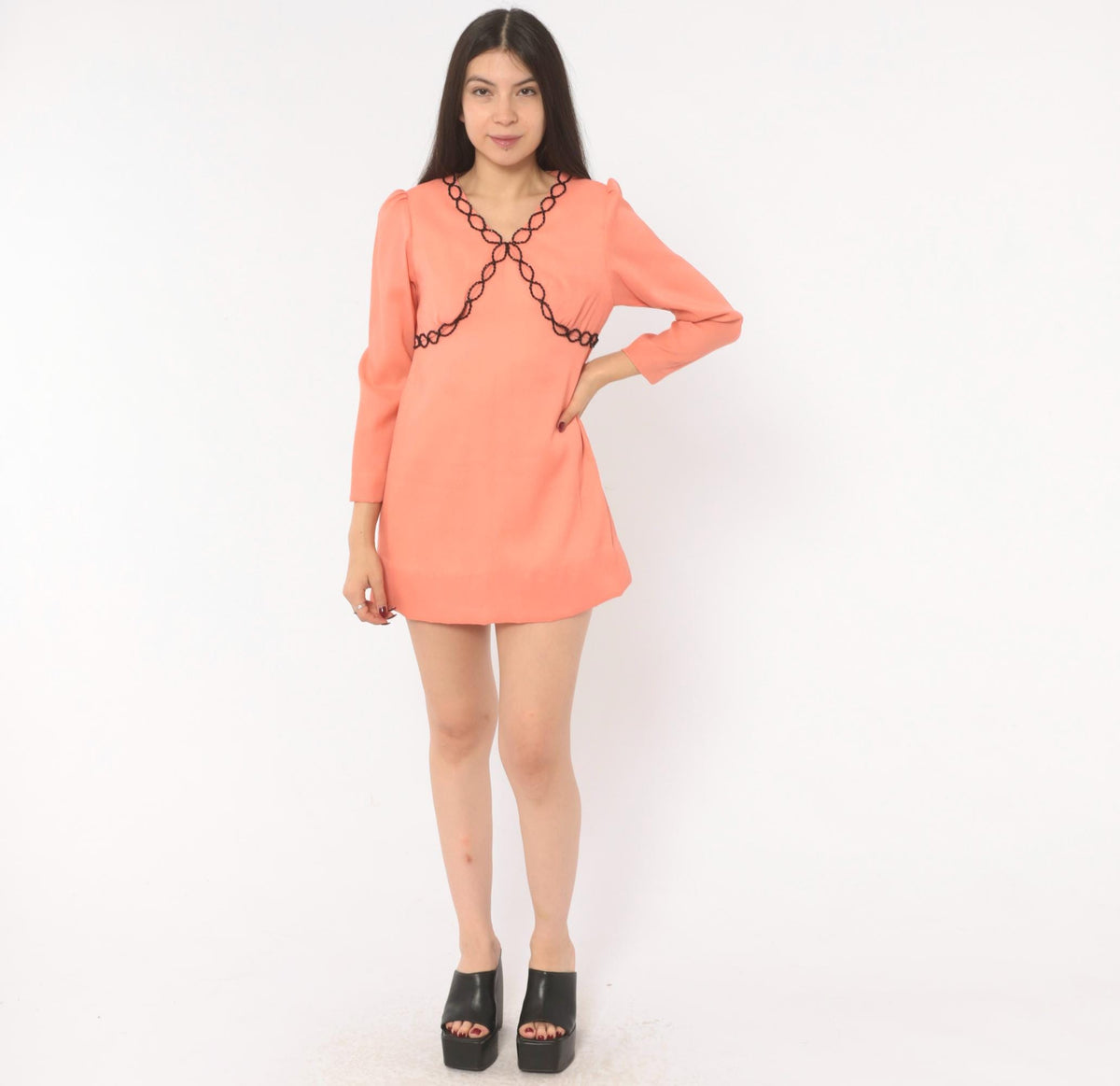 70s Peach Mini Dress Puff Sleeve V Neck Empire Waist Black Beaded Chain Small