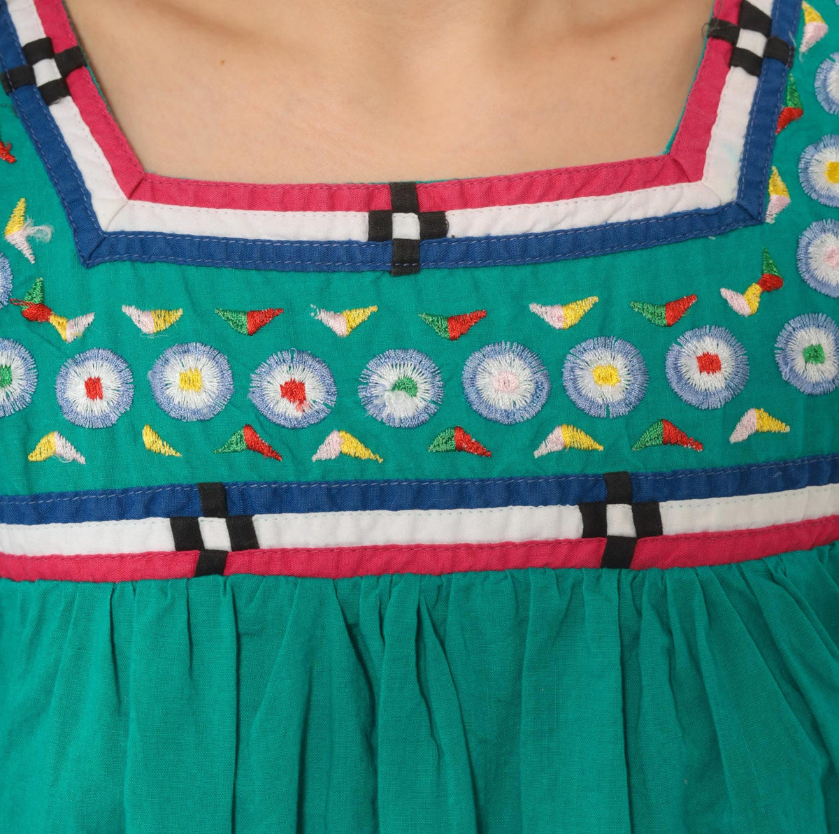 80s Naqui Teal Cotton Dress Embroidered Floral Yoke Puff Sleeve Small S