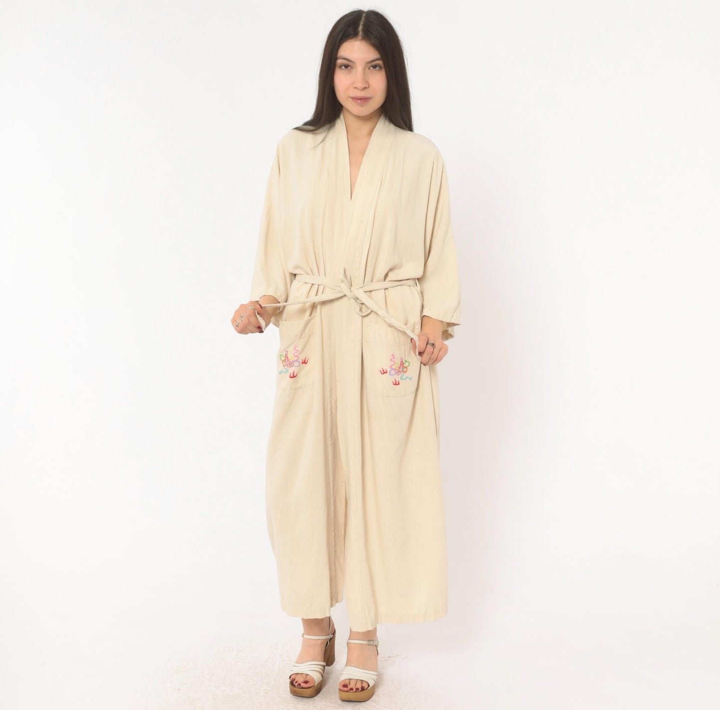 80s Health Silk Kimono Robe Dragon Embroidered Cream Midi Extra Large