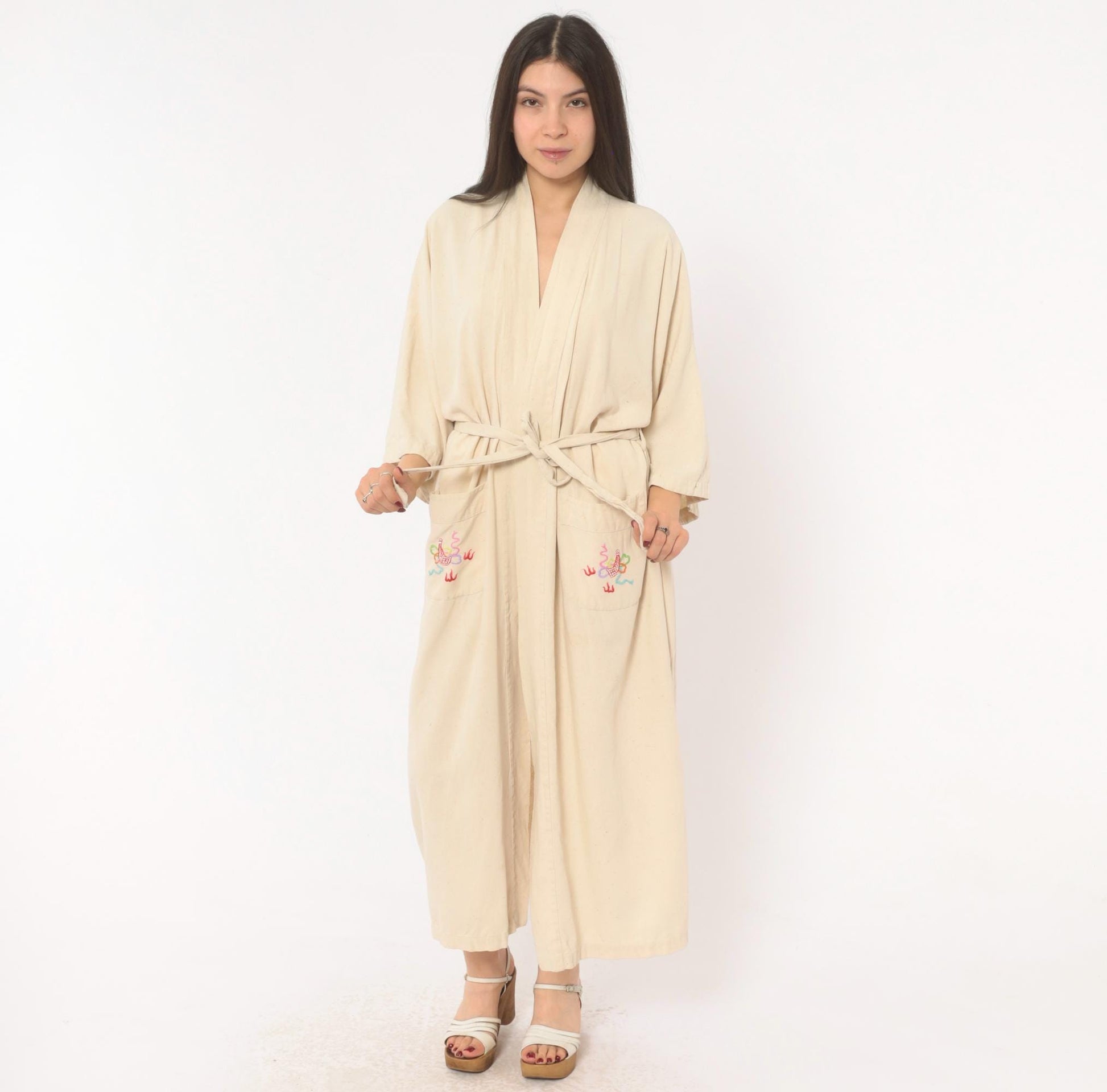 80s Health Silk Kimono Robe Dragon Embroidered Cream Midi Extra Large