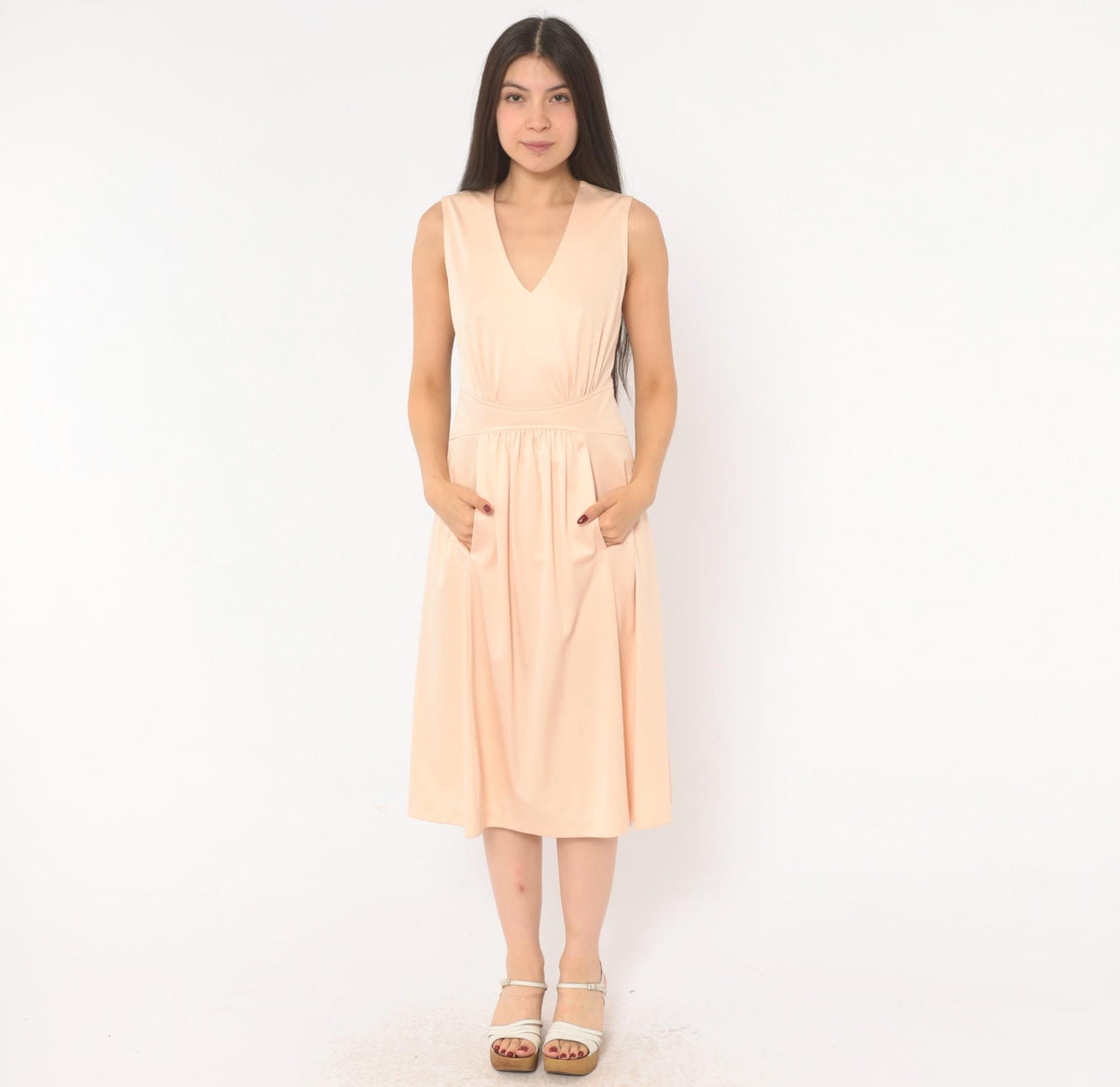 70s Plaza South Peach V-Neck Sundress Pleated Flare Midi Small