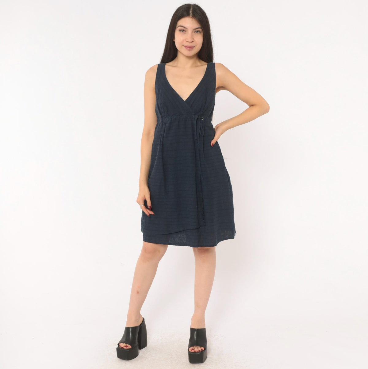 2000s Patagonia Hemp Wrap Dress Navy V-Neck A-Line Mini Small S