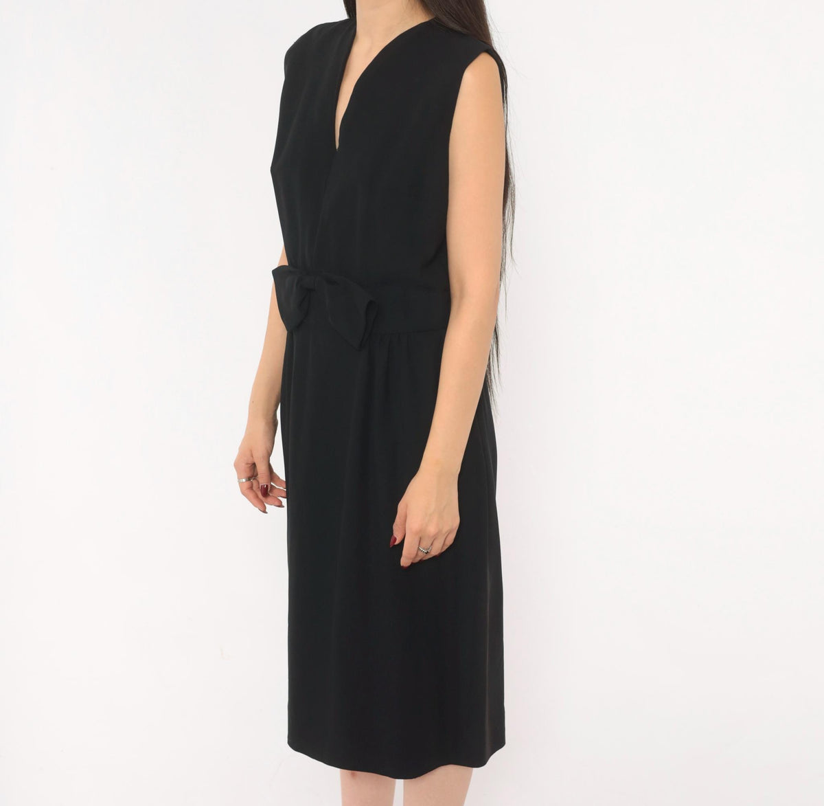 60s Black Mod Sleeveless Dress Bow Waist Knee Length A-Line Large L