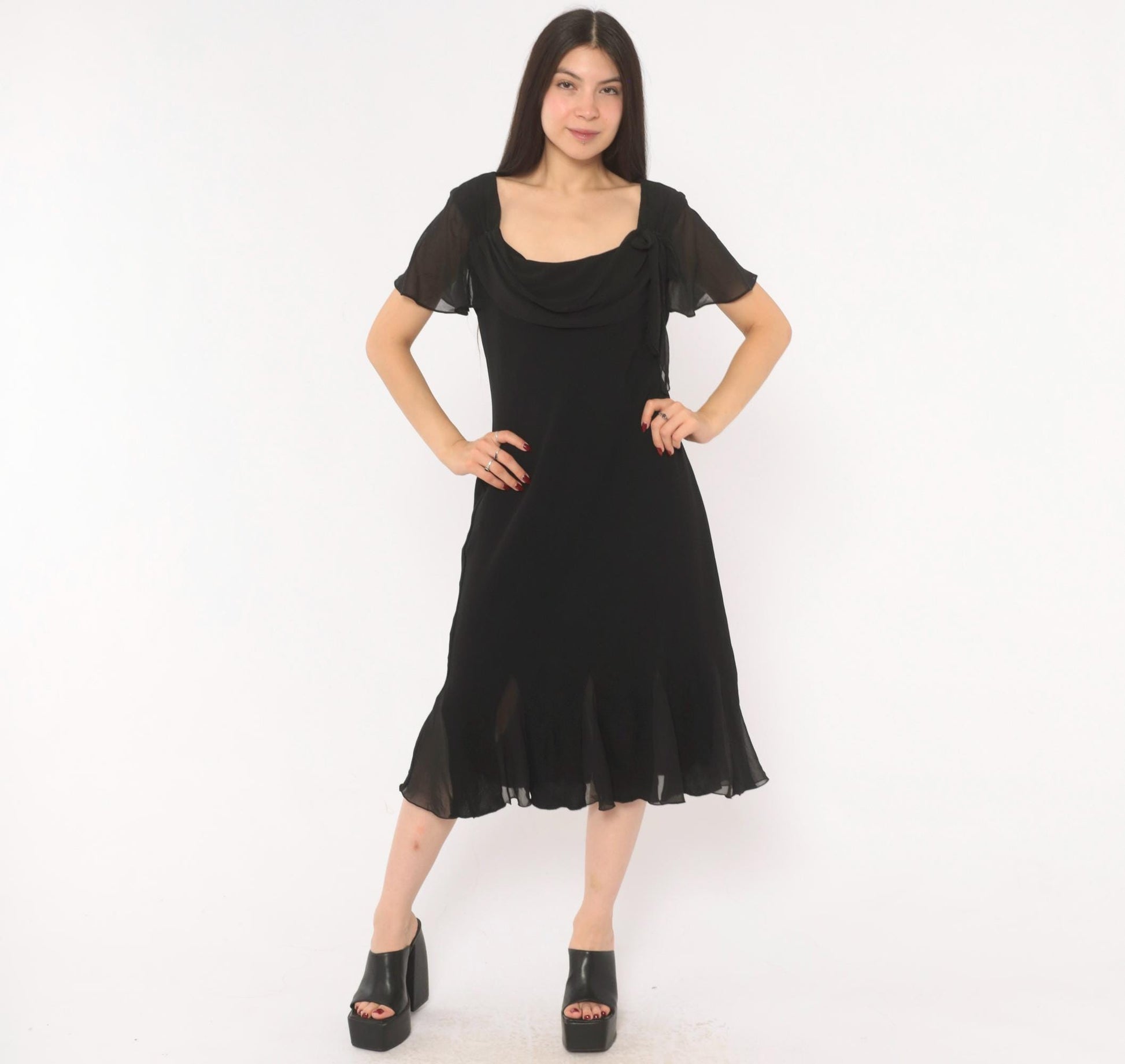 90s SL Fashions Black Chiffon Midi Dress Cowl Neck Flutter Sleeve Large