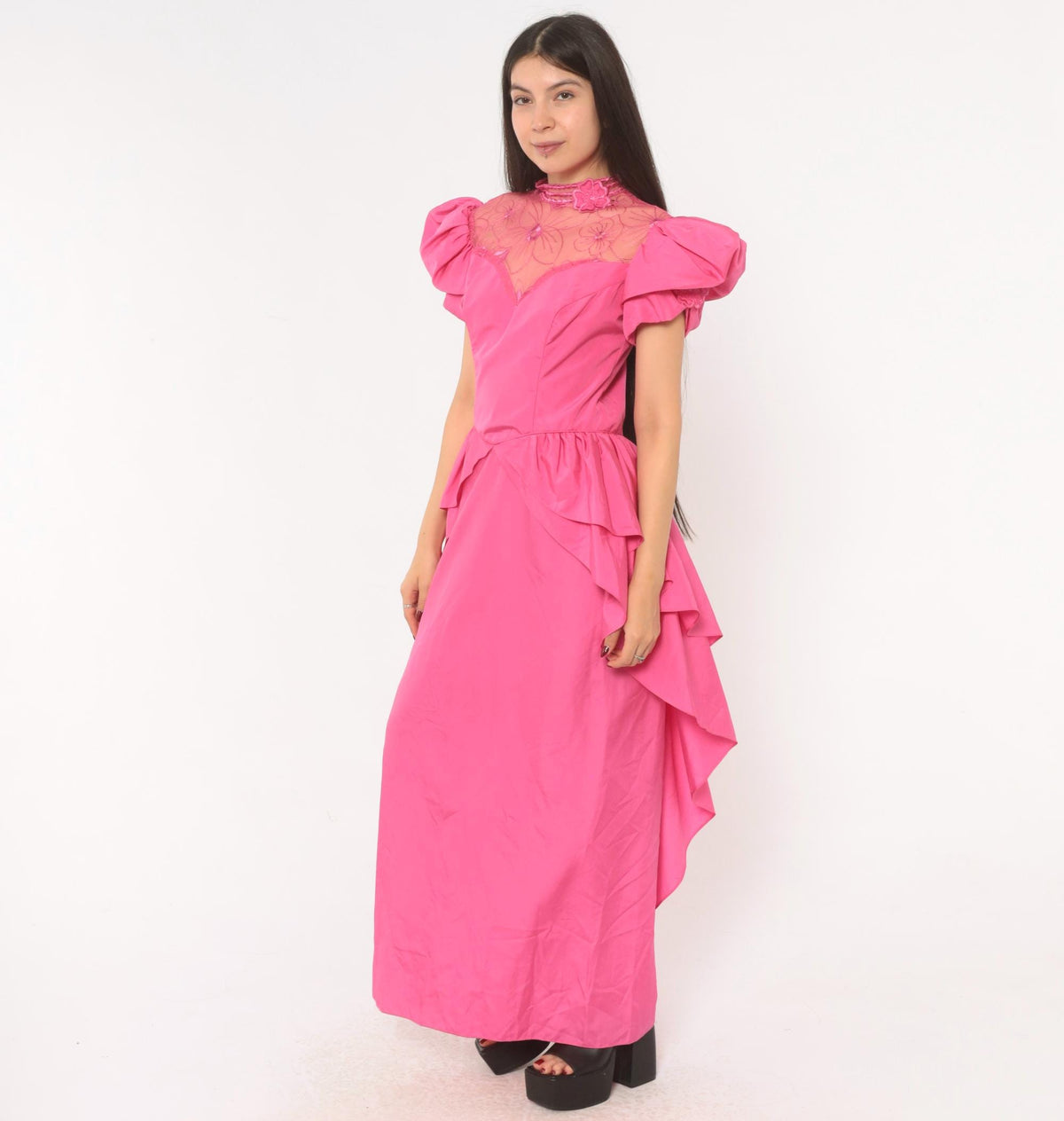80s Eve Of Milady Hot Pink Maxi Gown Puff Sleeve Peplum Lace Bodice Small