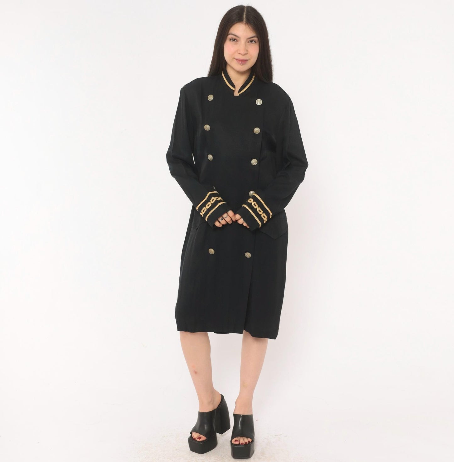 90s Marnie West Military Coat Dress Black Gold Chain Mandarin Collar Large L
