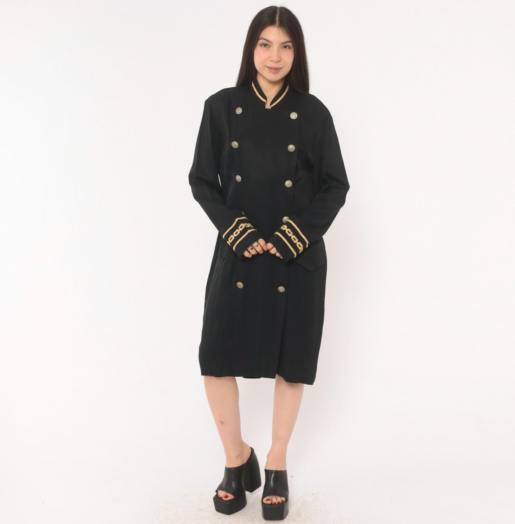 90s Marnie West Military Coat Dress Black Gold Chain Mandarin Collar Large L