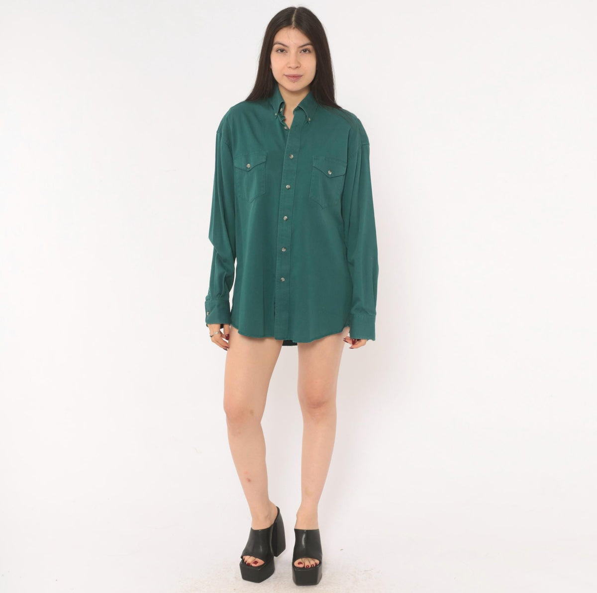 90s Wrangler Western Shirt Forest Green Cotton Button Down Long Sleeve Large