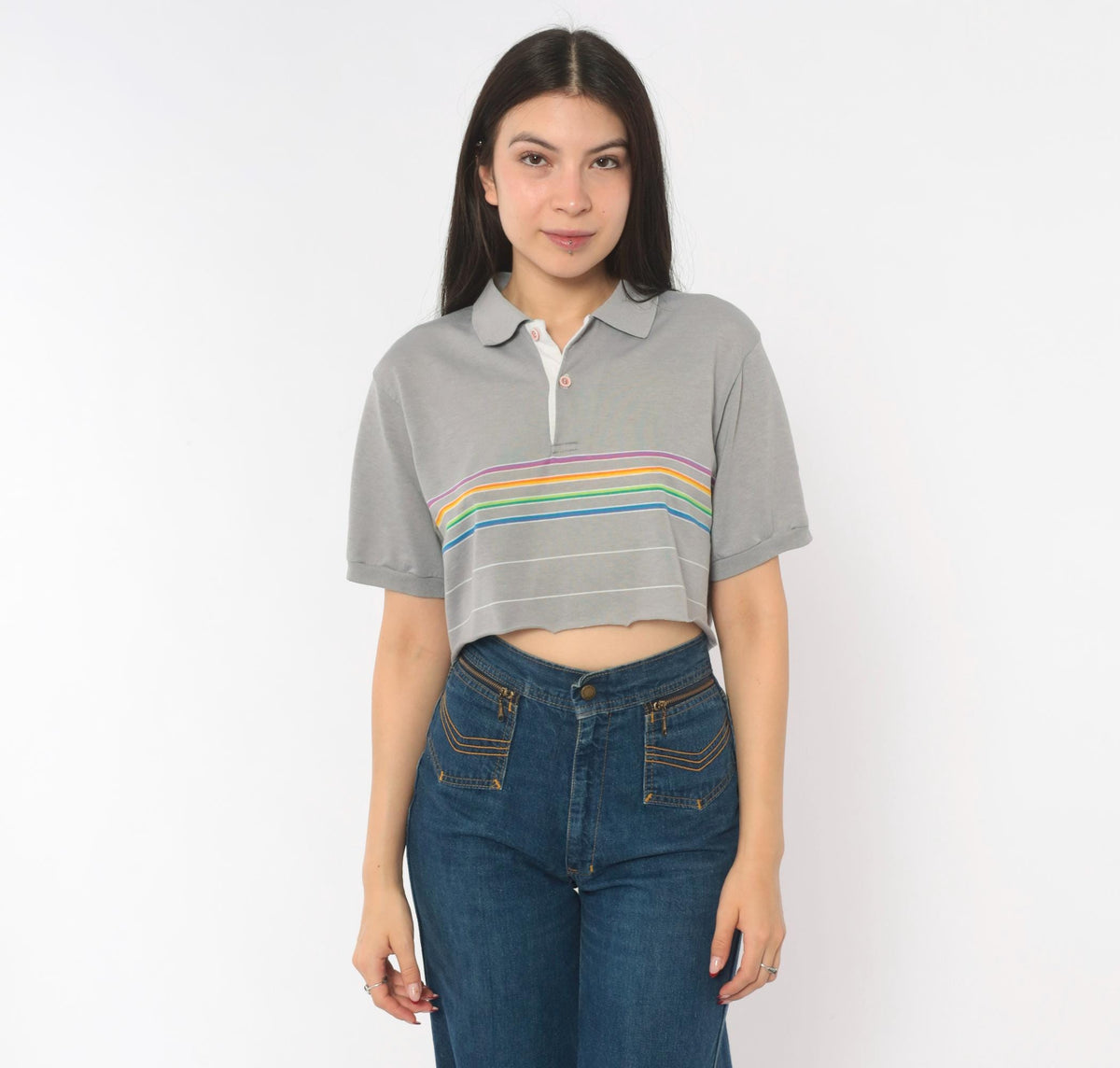 80s Rainbow Stripe Crop Polo Grey Cotton Short Sleeve Medium M