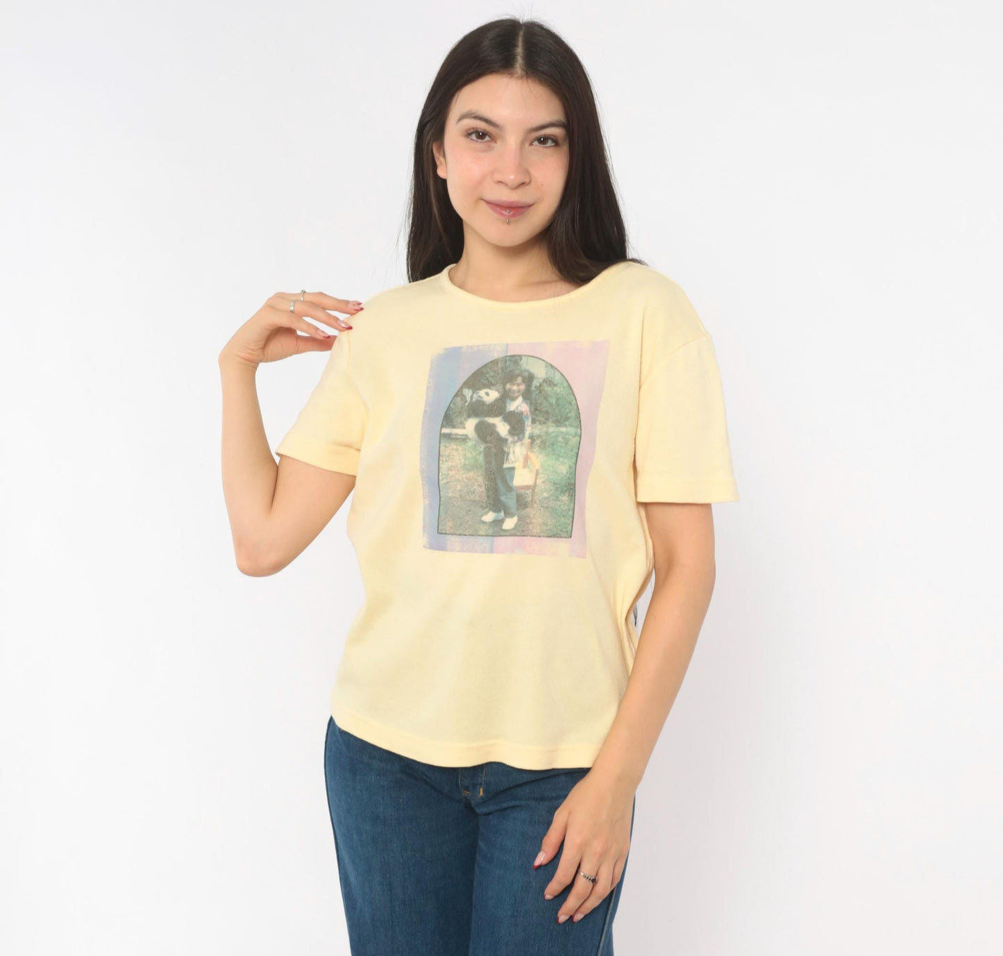 90s Basic Editions Panda Photo Print Tee Butter Yellow Heart Graphic Small
