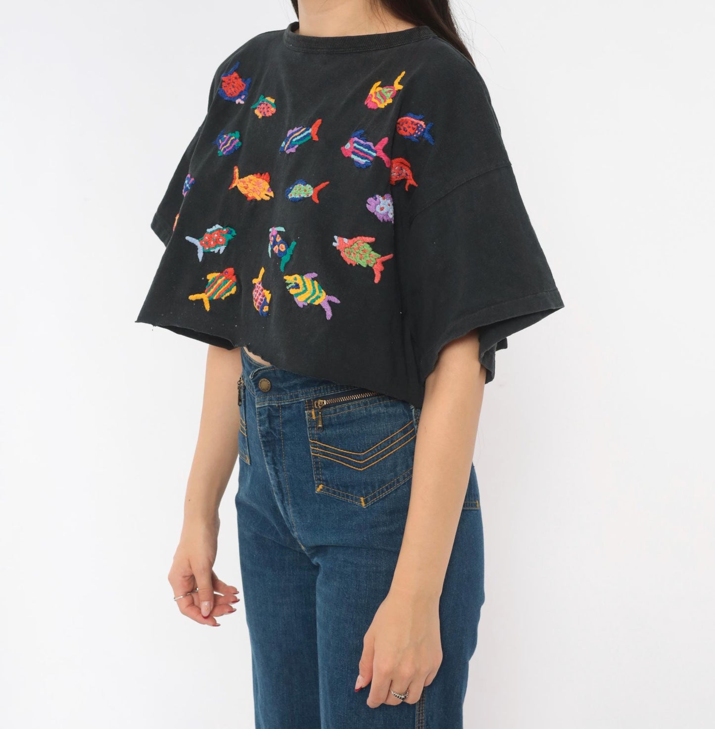 90s Las Manos Embroidered Fish Crop Top Black Cotton Rainbow Tropical Medium