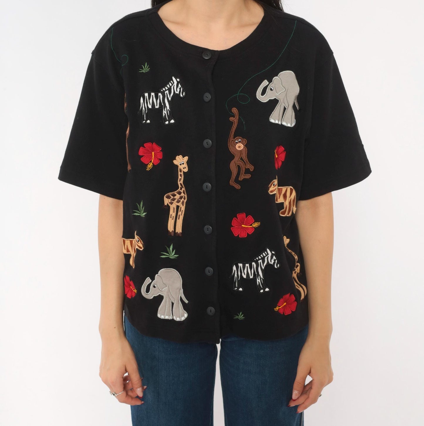 90s Bechamel Safari Animal Applique Cardigan Black Cotton Button Front Large L