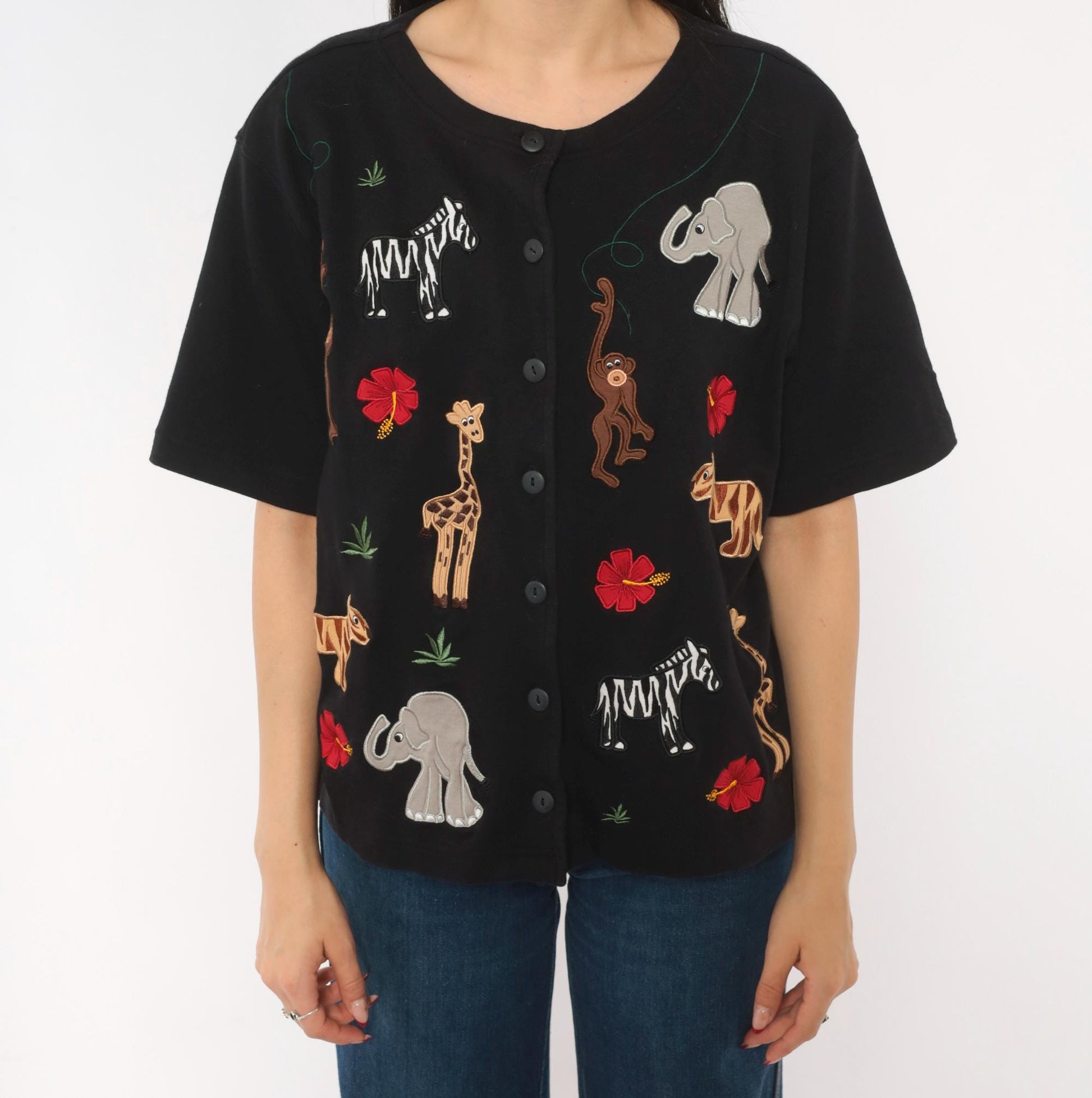 90s Bechamel Safari Animal Applique Cardigan Black Cotton Button Front Large L