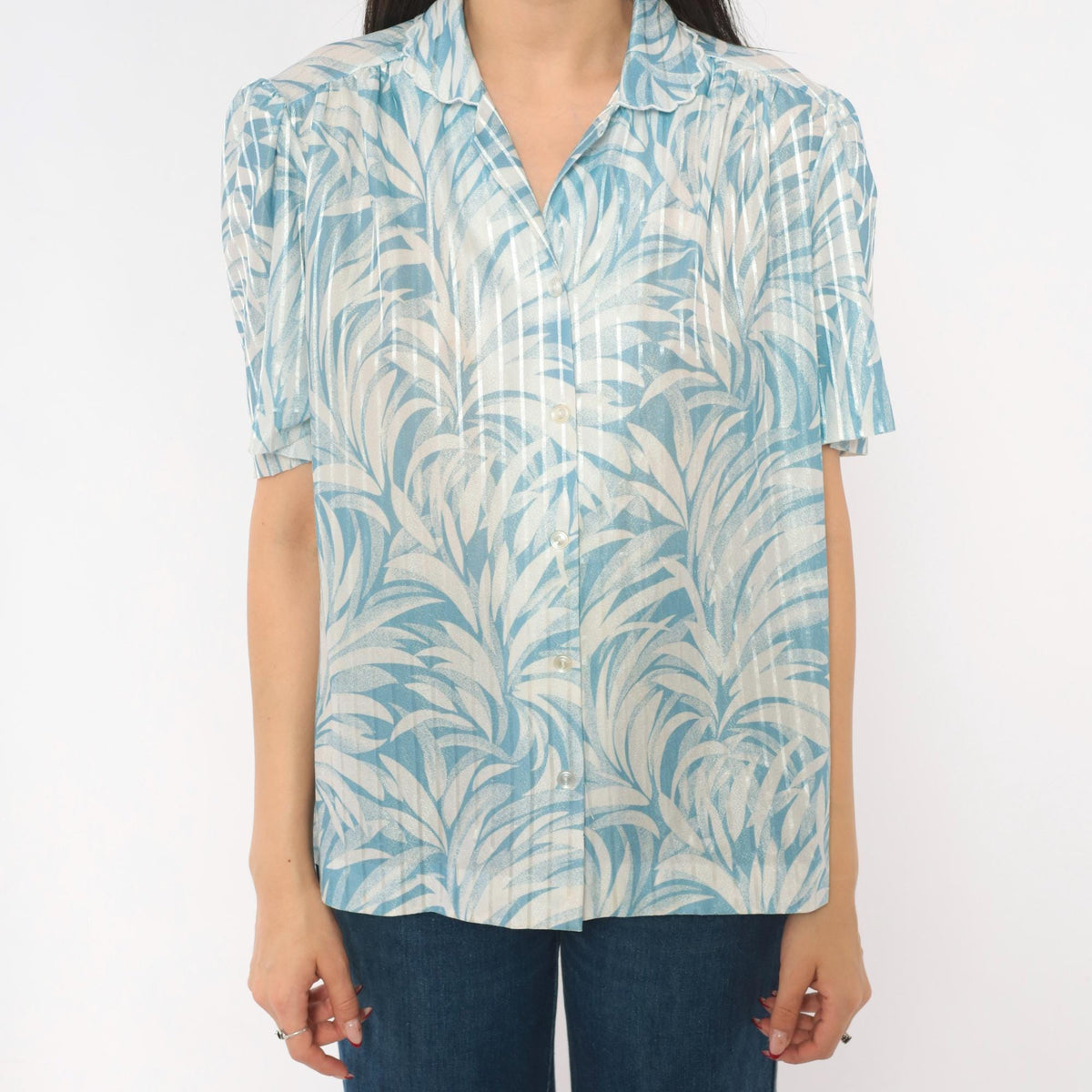 70s Graff Palm Leaf Blouse Blue White Tropical Print Button-Up Medium