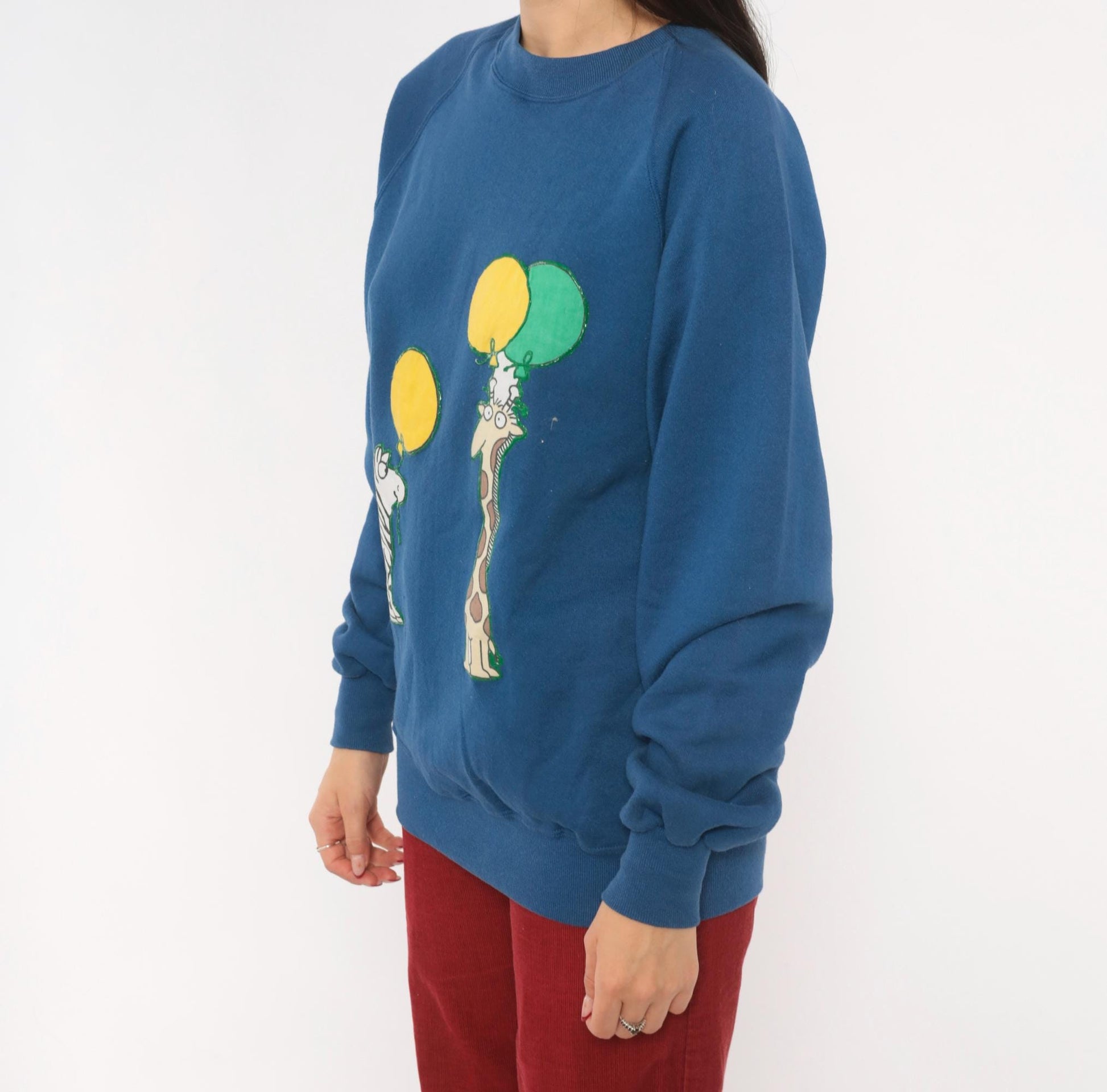 90s Jerzees Zebra Giraffe Balloon Sweatshirt Blue Raglan Applique Cotton Large