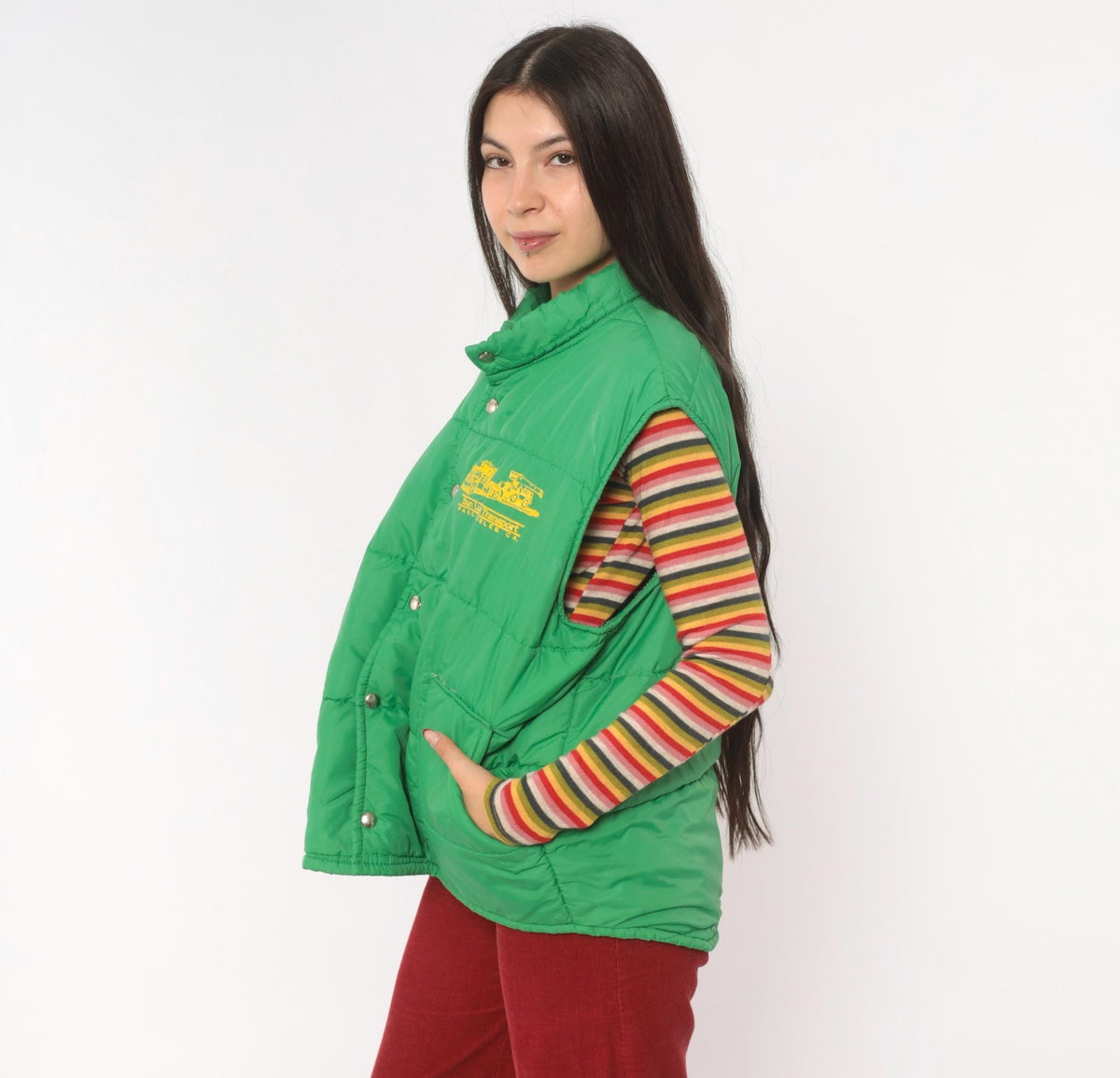 80s Green Puffer Vest San Luis Transport Graphic Snap Front Quilted Medium