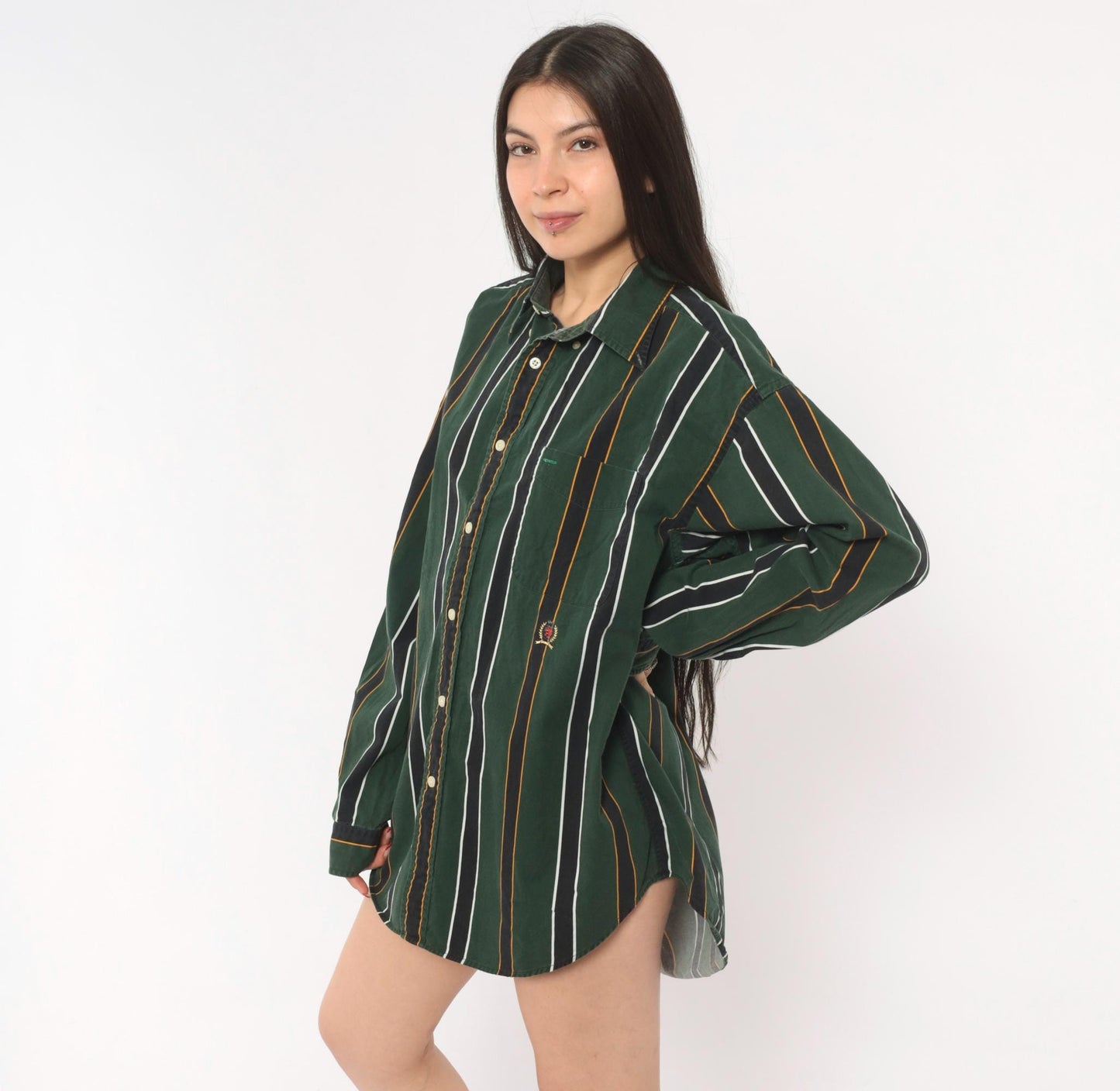 Tommy Hilfiger 90s Striped Cotton Shirt Forest Green Crest Logo Large L