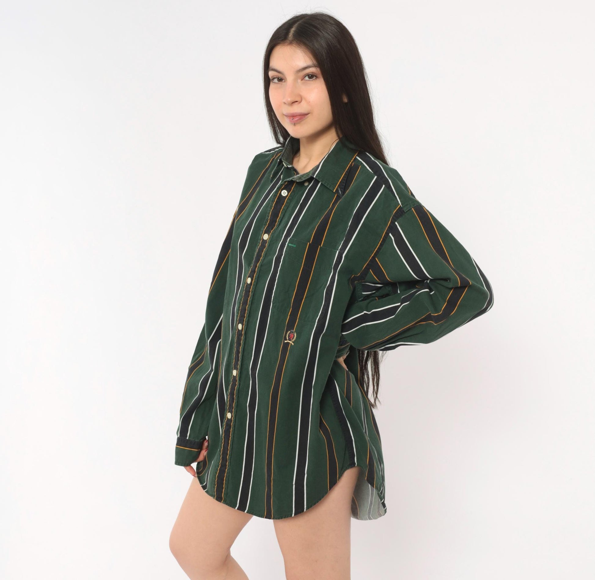 Tommy Hilfiger 90s Striped Cotton Shirt Forest Green Crest Logo Large L
