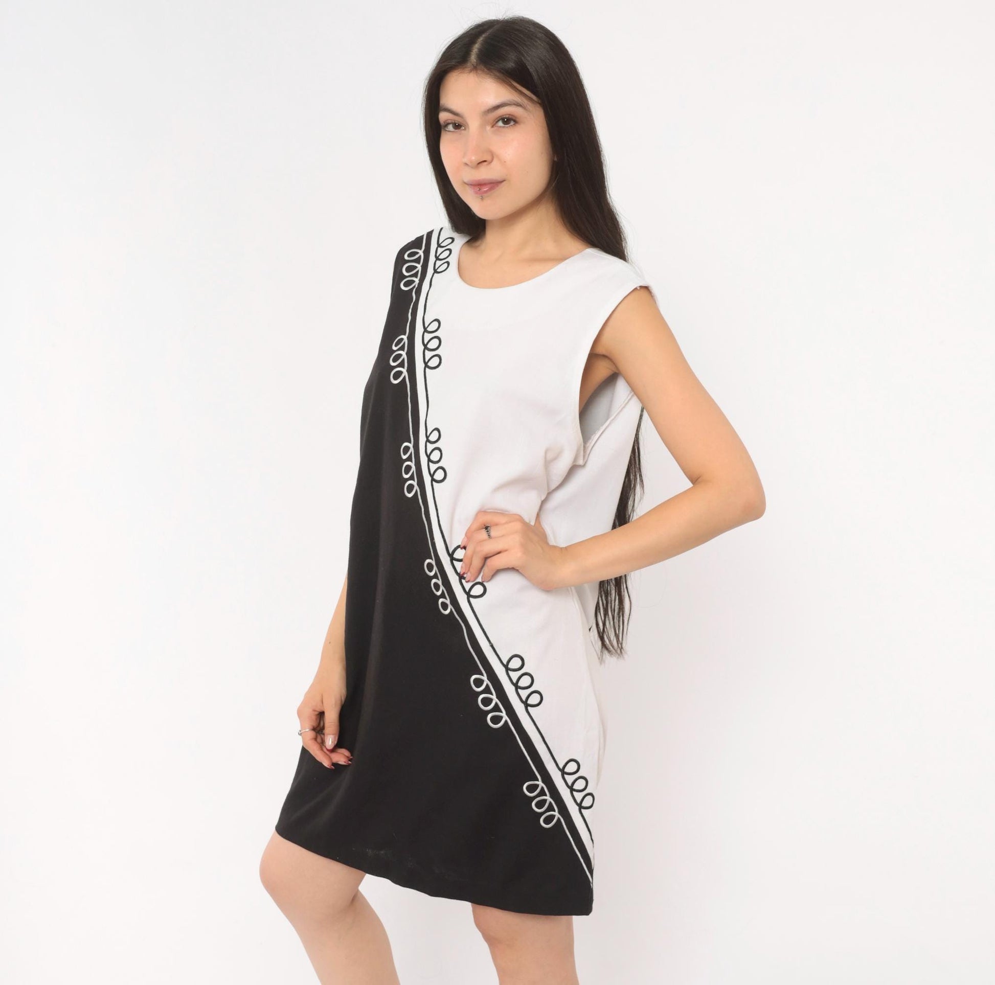 90s Sunshine Starshine Black White Colorblock Shift Dress Scoop Neck Large L